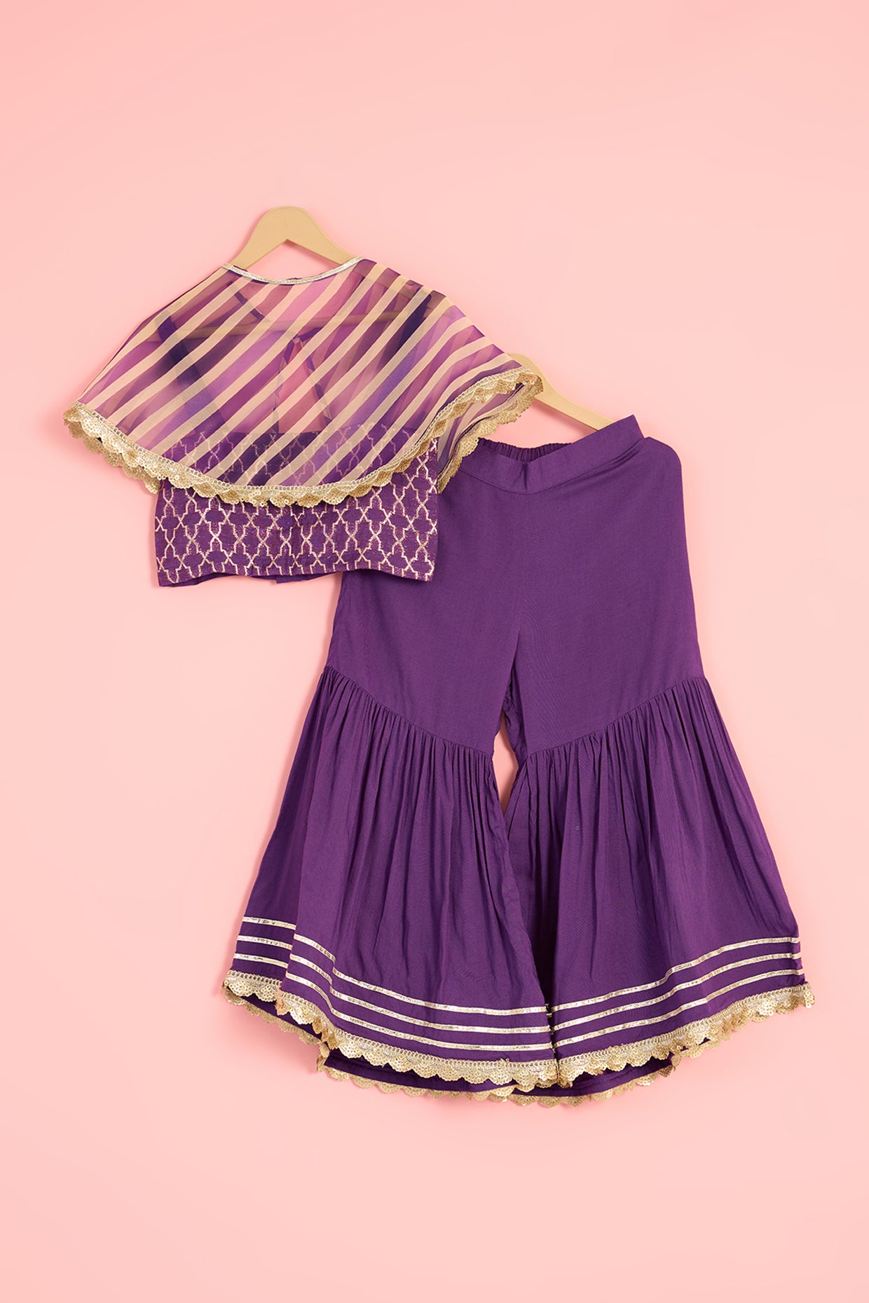 Mauve Chanderi Blend & Modal Printed Cape Set For Girls by Pankhuri by Priyanka - Kids at Pernia's Pop Up Shop