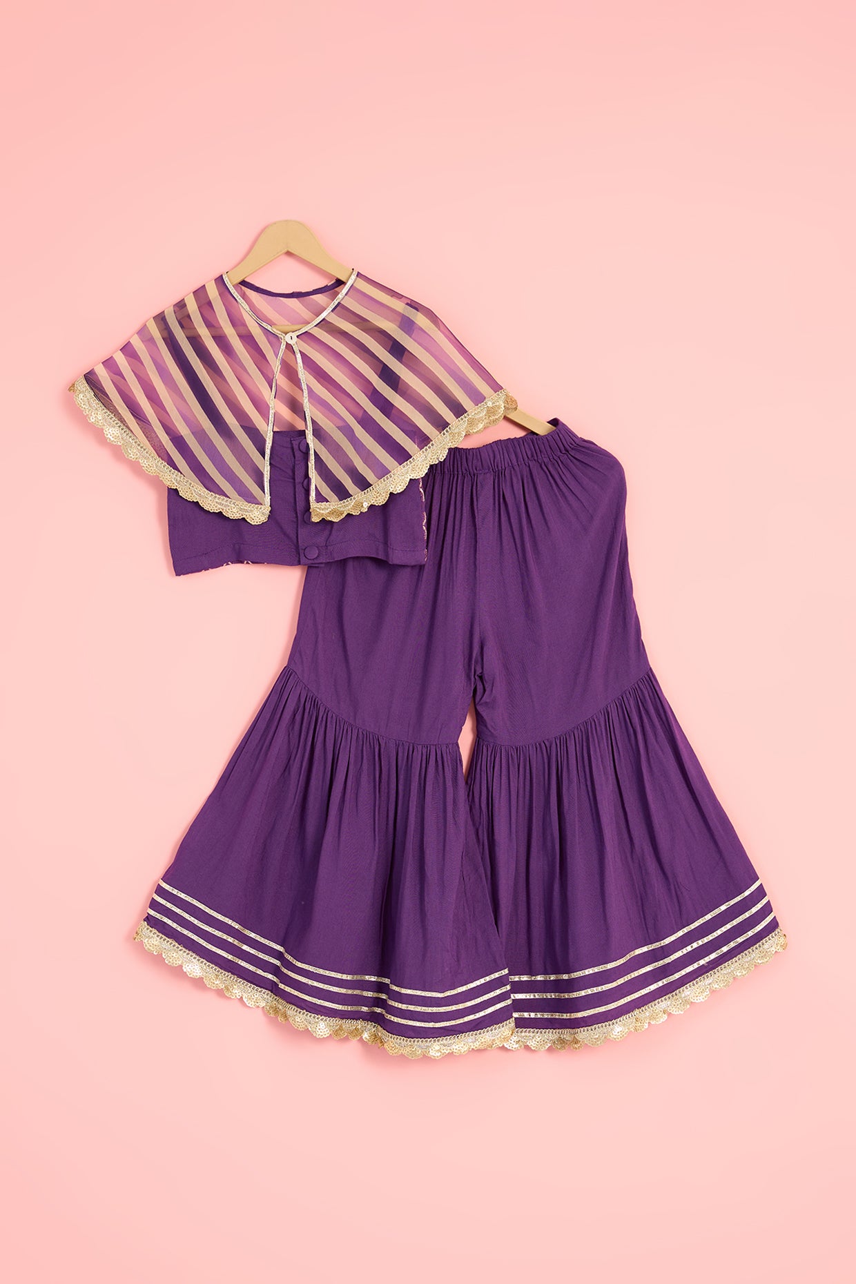 Mauve Chanderi Blend & Modal Printed Cape Set For Girls by Pankhuri by Priyanka - Kids at Pernia's Pop Up Shop