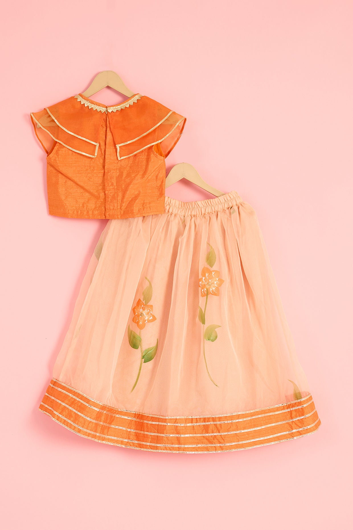 Orange Organza Hand-Painted Lehenga Set For Girls by Pankhuri by Priyanka - Kids at Pernia's Pop Up Shop