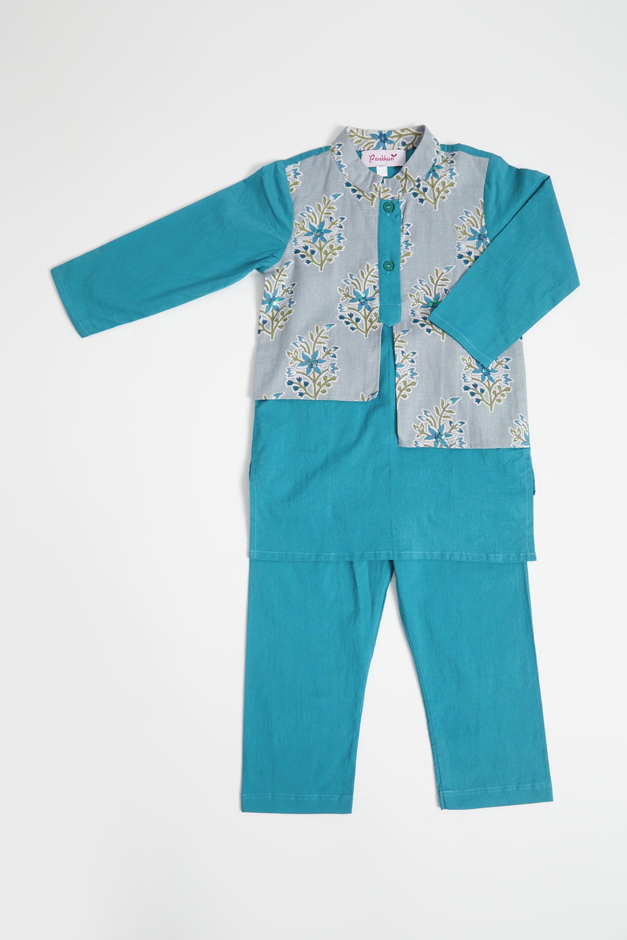 Blue & Grey Hand Embroidered Kurta Set For Boys by Pankhuri by Priyanka - Kids at Pernia's Pop Up Shop
