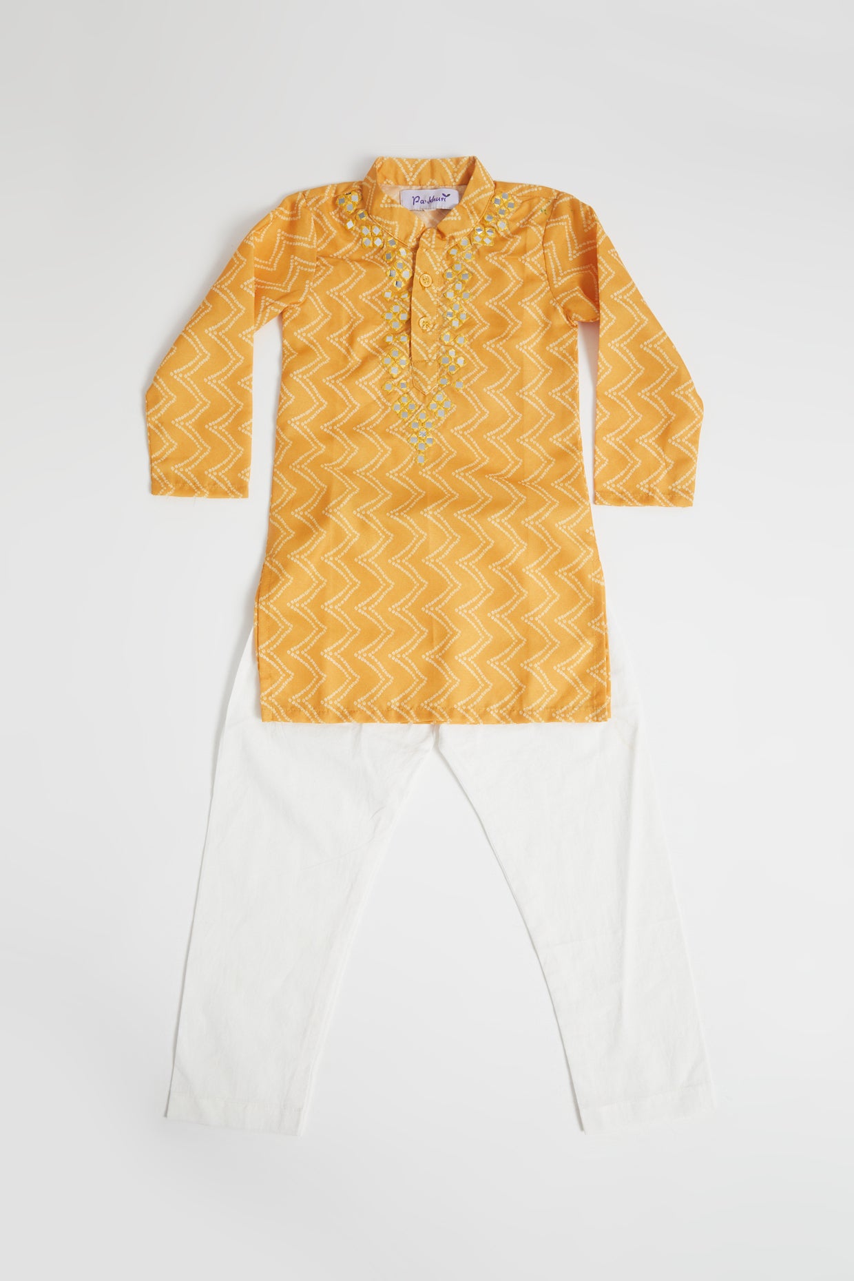Turmeric Yellow Kurta Set With Mirror Work For Boys by Pankhuri by Priyanka - Kids at Pernia's Pop Up Shop