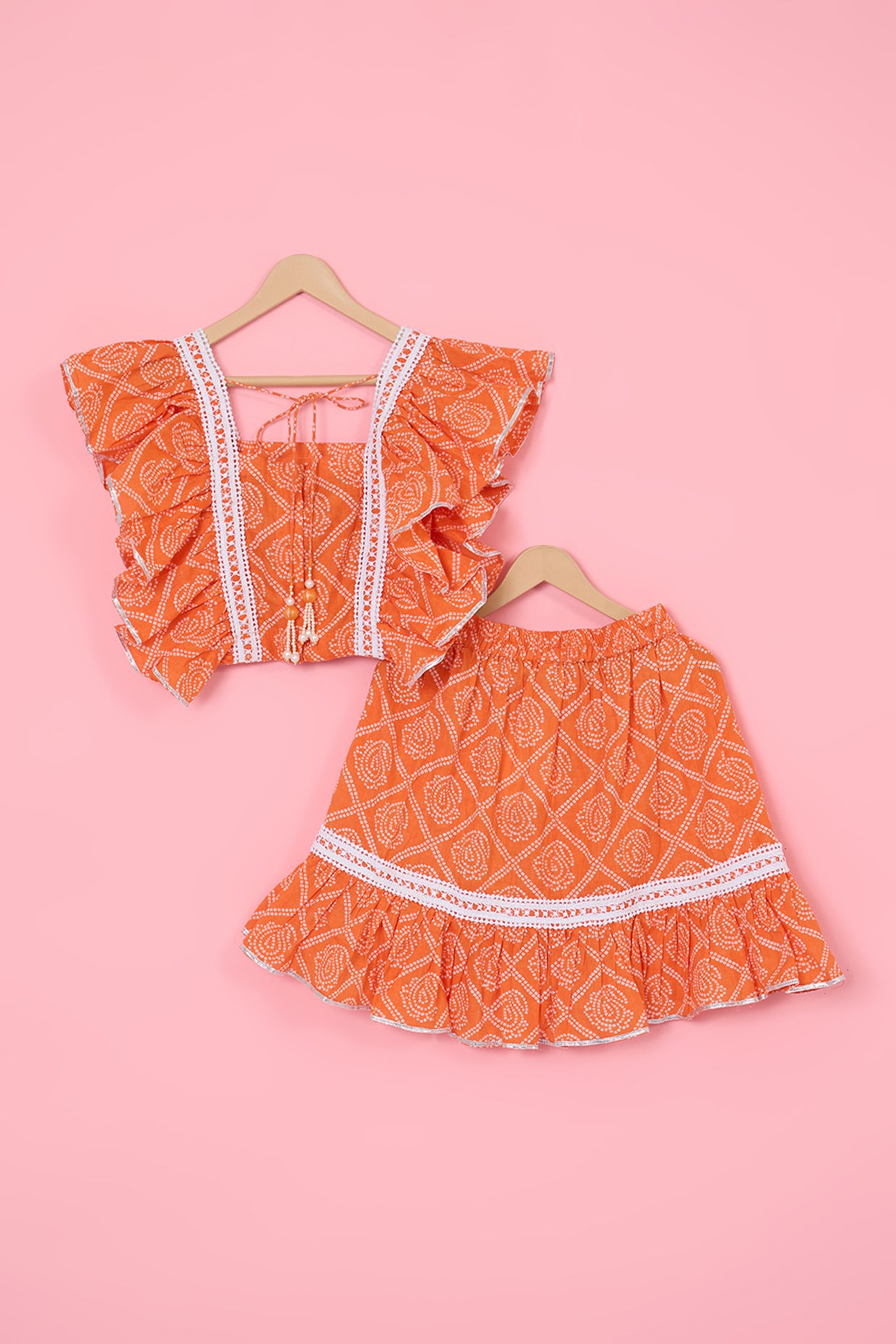 Orange Cotton Ruffled Skirt Set For Girls by Pankhuri by Priyanka - Kids at Pernia's Pop Up Shop