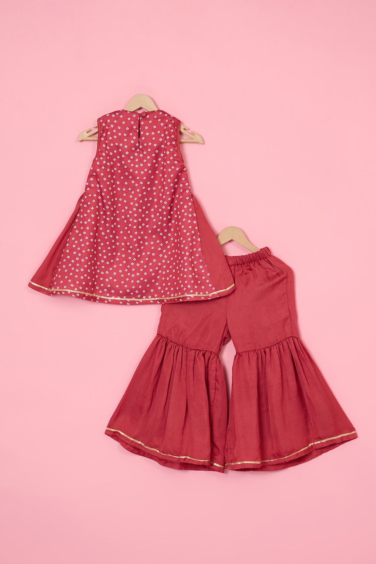 Red Modal Satin Bandhani Gharara Set For Girls by Pankhuri by Priyanka - Kids at Pernia's Pop Up Shop