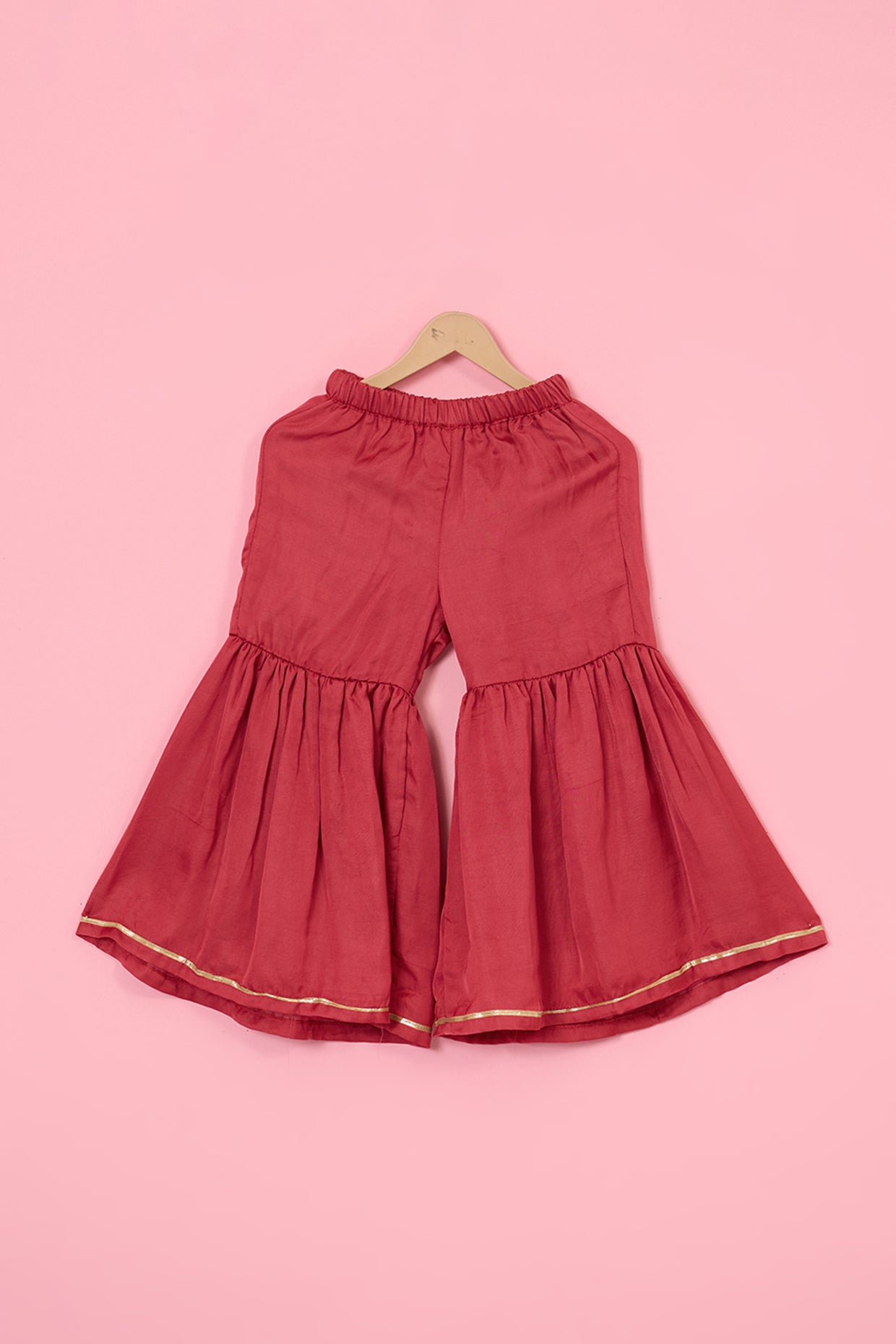 Red Modal Satin Bandhani Gharara Set For Girls by Pankhuri by Priyanka - Kids at Pernia's Pop Up Shop