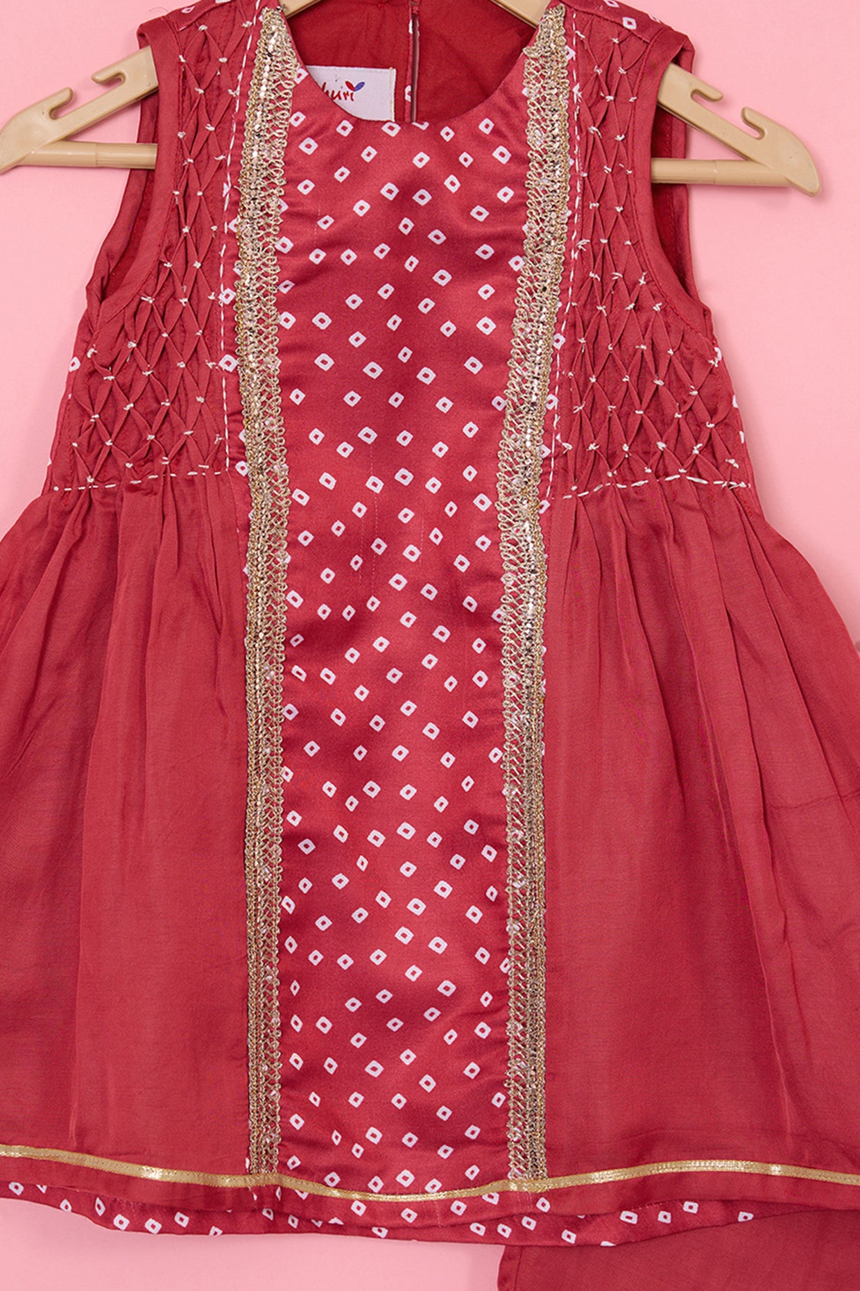 Red Modal Satin Bandhani Gharara Set For Girls by Pankhuri by Priyanka - Kids at Pernia's Pop Up Shop