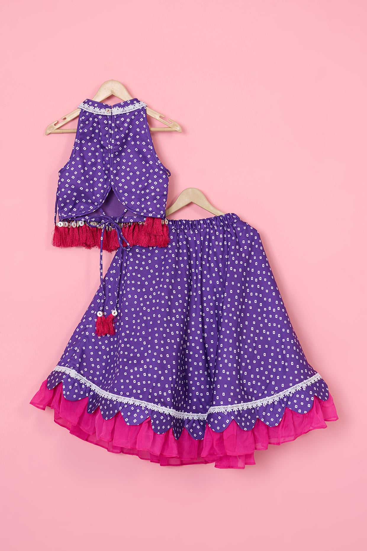 Purple Modal Satin Bandhani Printed Lehenga Set For Girls by Pankhuri by Priyanka - Kids at Pernia's Pop Up Shop