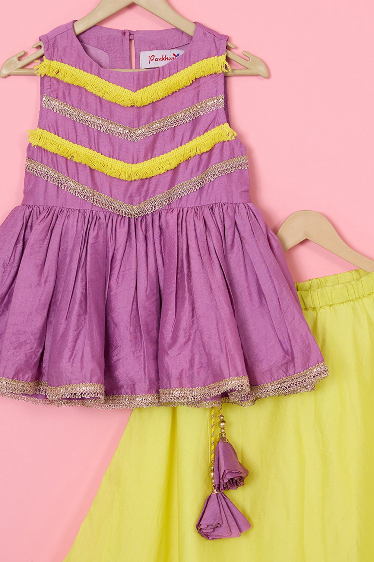 Neon Yellow Chanderi Lehenga Set For Girls by Pankhuri by Priyanka - Kids at Pernia's Pop Up Shop