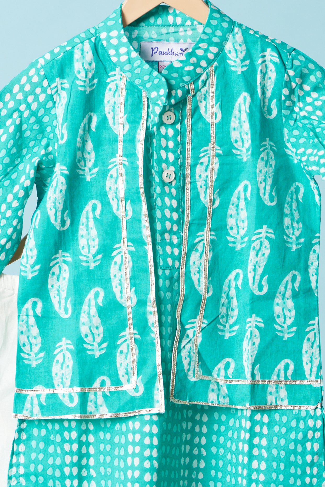 Turquoise Block Printed Kurta Set For Boys by Pankhuri by Priyanka - Kids at Pernia's Pop Up Shop