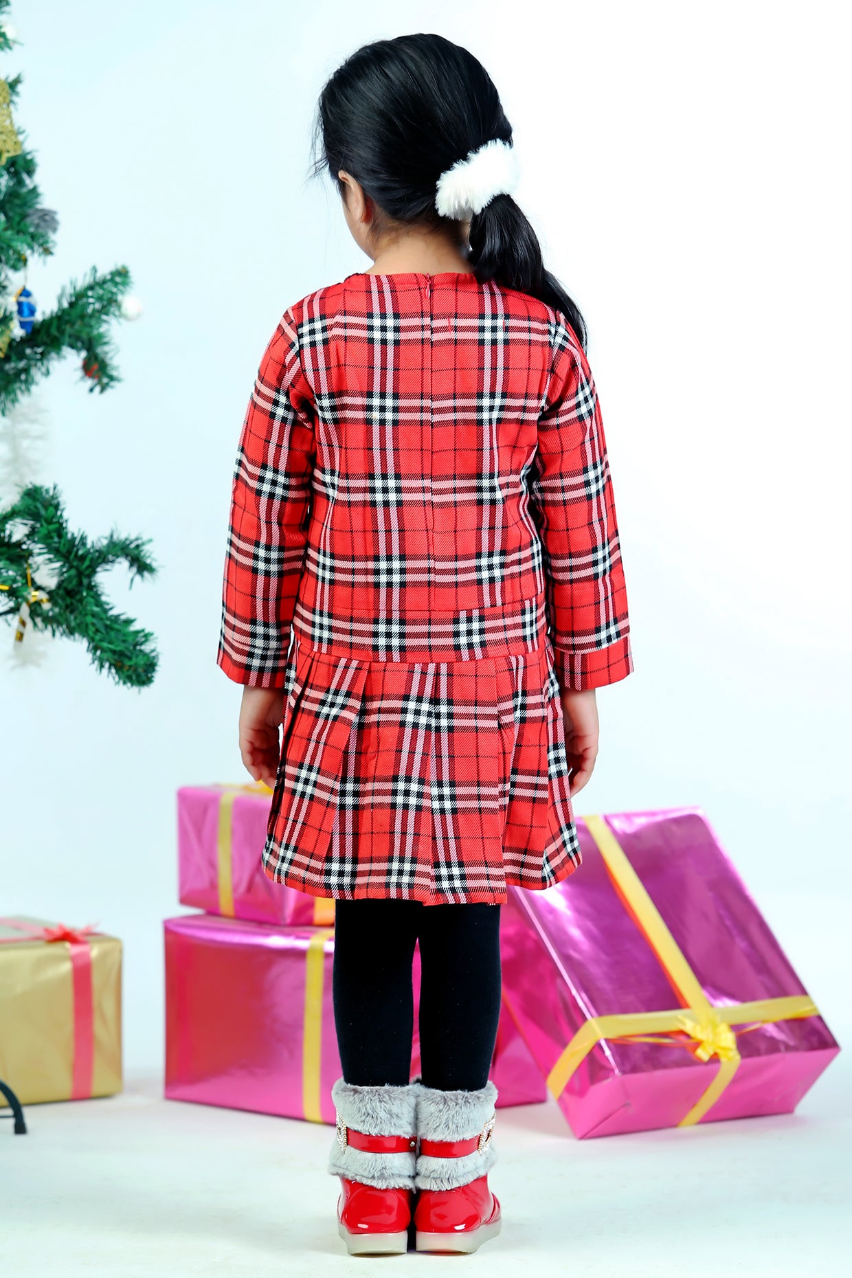 Red Corduroy & Blended Wool Checkered Printed Dress For Girls by Pankhuri by Priyanka - Kids at Pernia's Pop Up Shop