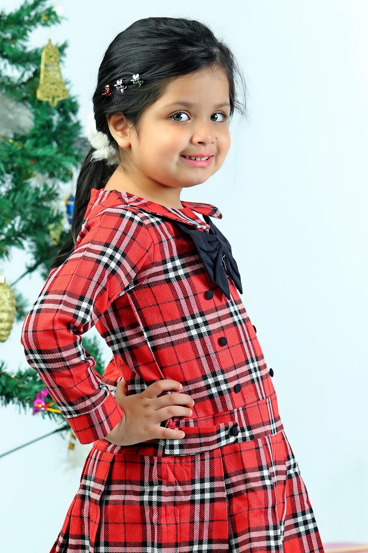 Red Corduroy & Blended Wool Checkered Printed Dress For Girls by Pankhuri by Priyanka - Kids at Pernia's Pop Up Shop