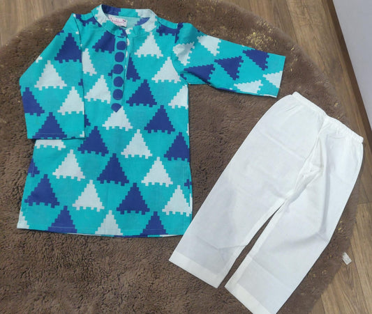 Blue Printed Cotton Kurta with Pajama
