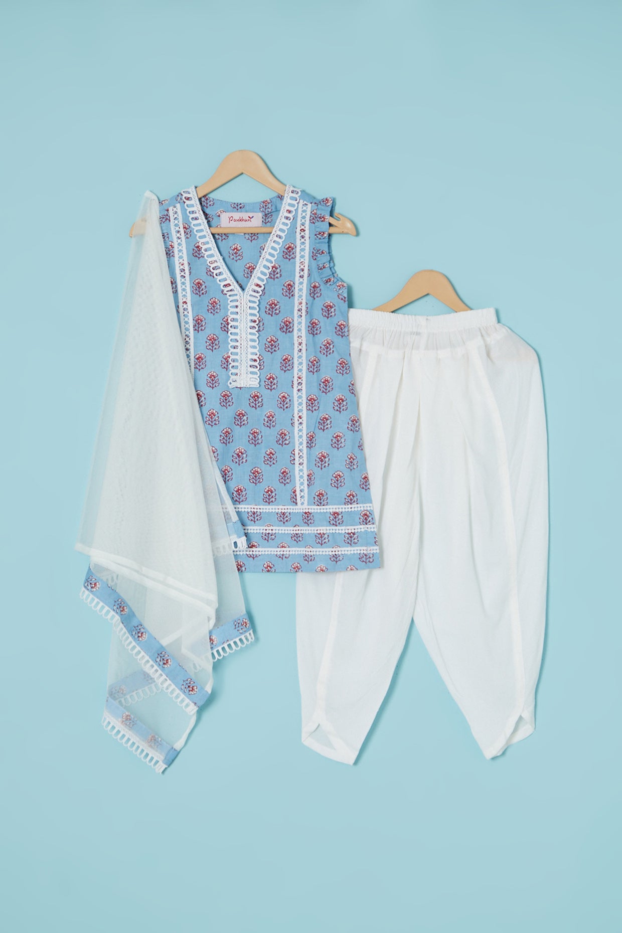 Coablt Blue Cotton Hand Block Printed Kurta Set For Girls by Pankhuri by Priyanka - Kids at Pernia's Pop Up Shop