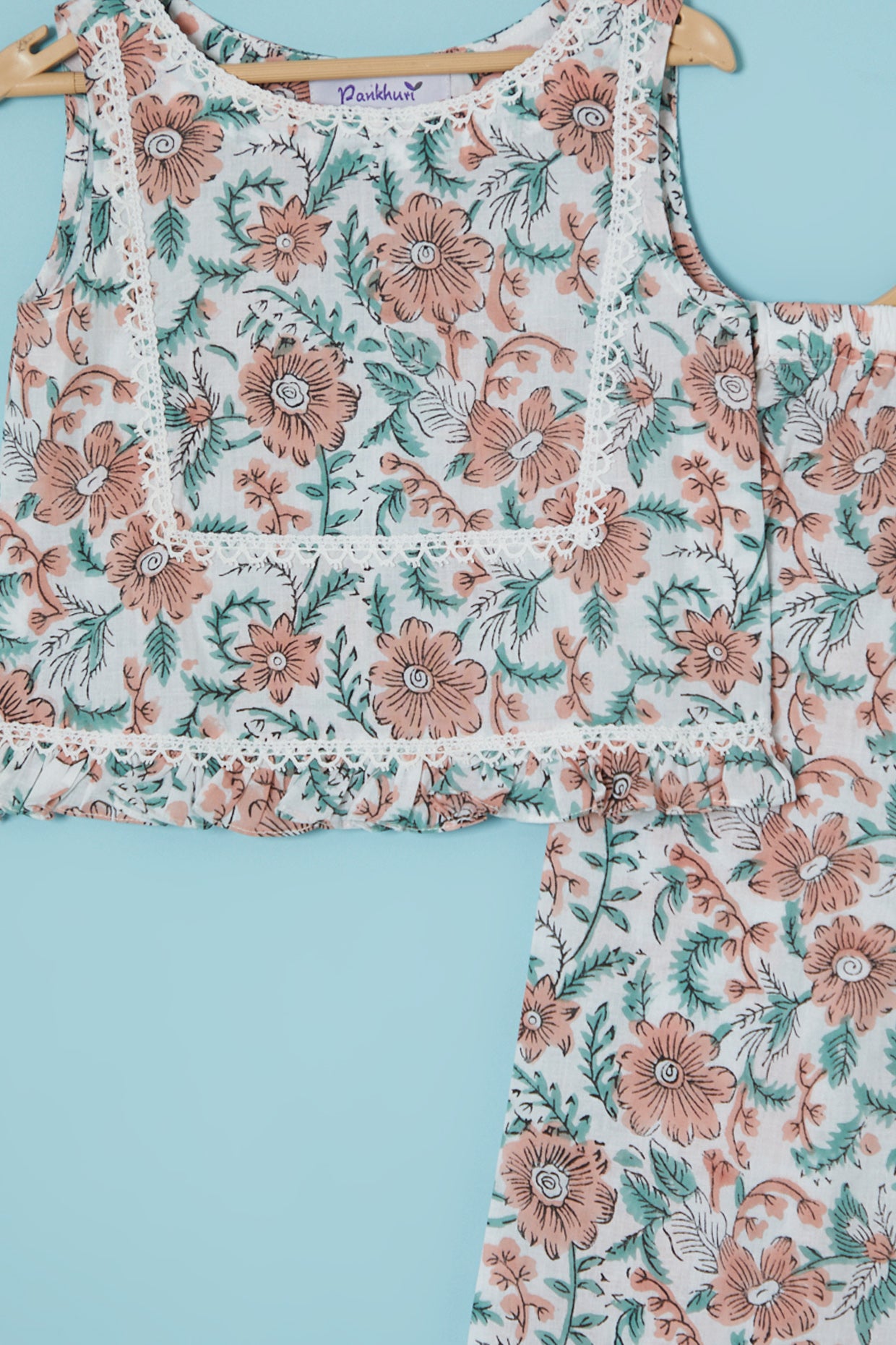 White Cotton Block Printed Palazzo Pant Set For Girls by Pankhuri by Priyanka - Kids at Pernia's Pop Up Shop