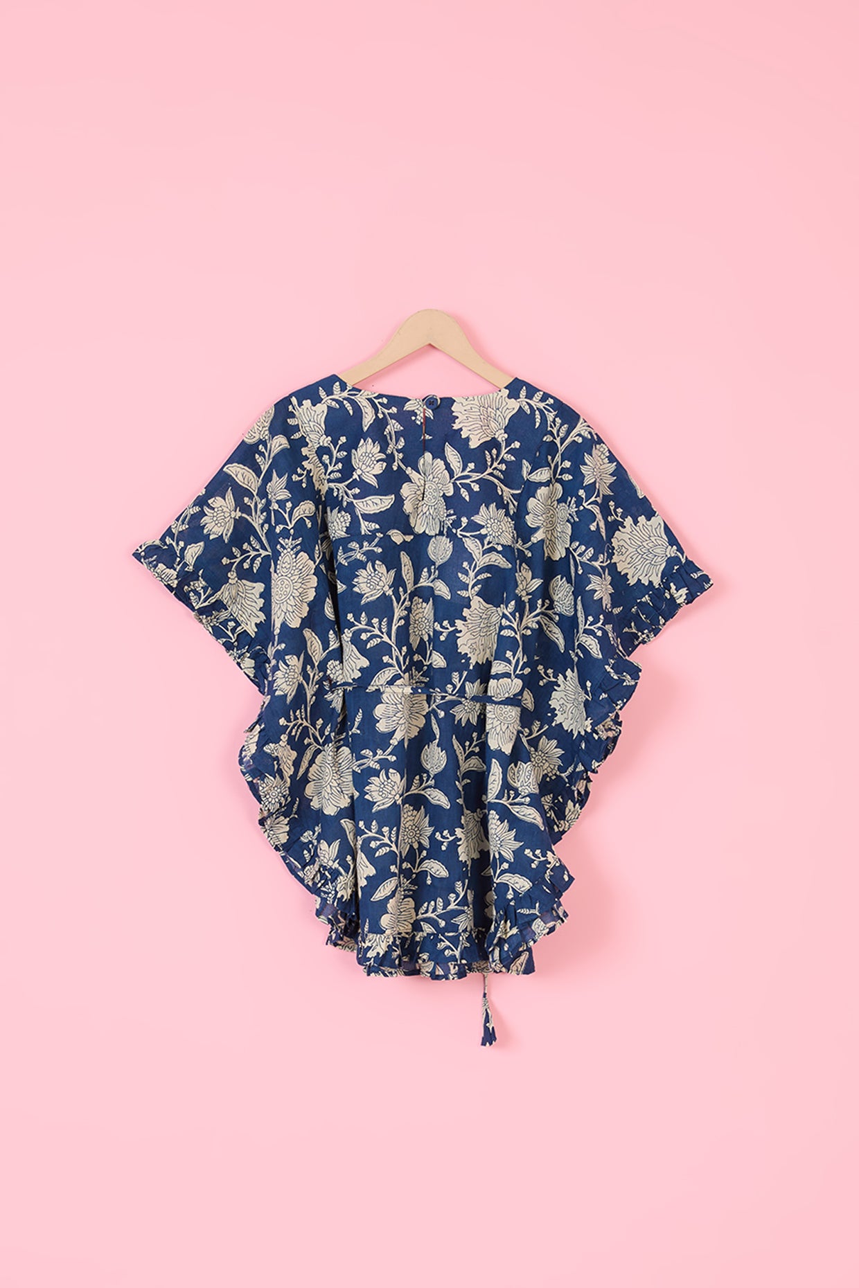 Cobalt Blue Pure Cotton Hand Block Printed Kaftan With Belt For Girls by Pankhuri by Priyanka - Kids at Pernia's Pop Up Shop