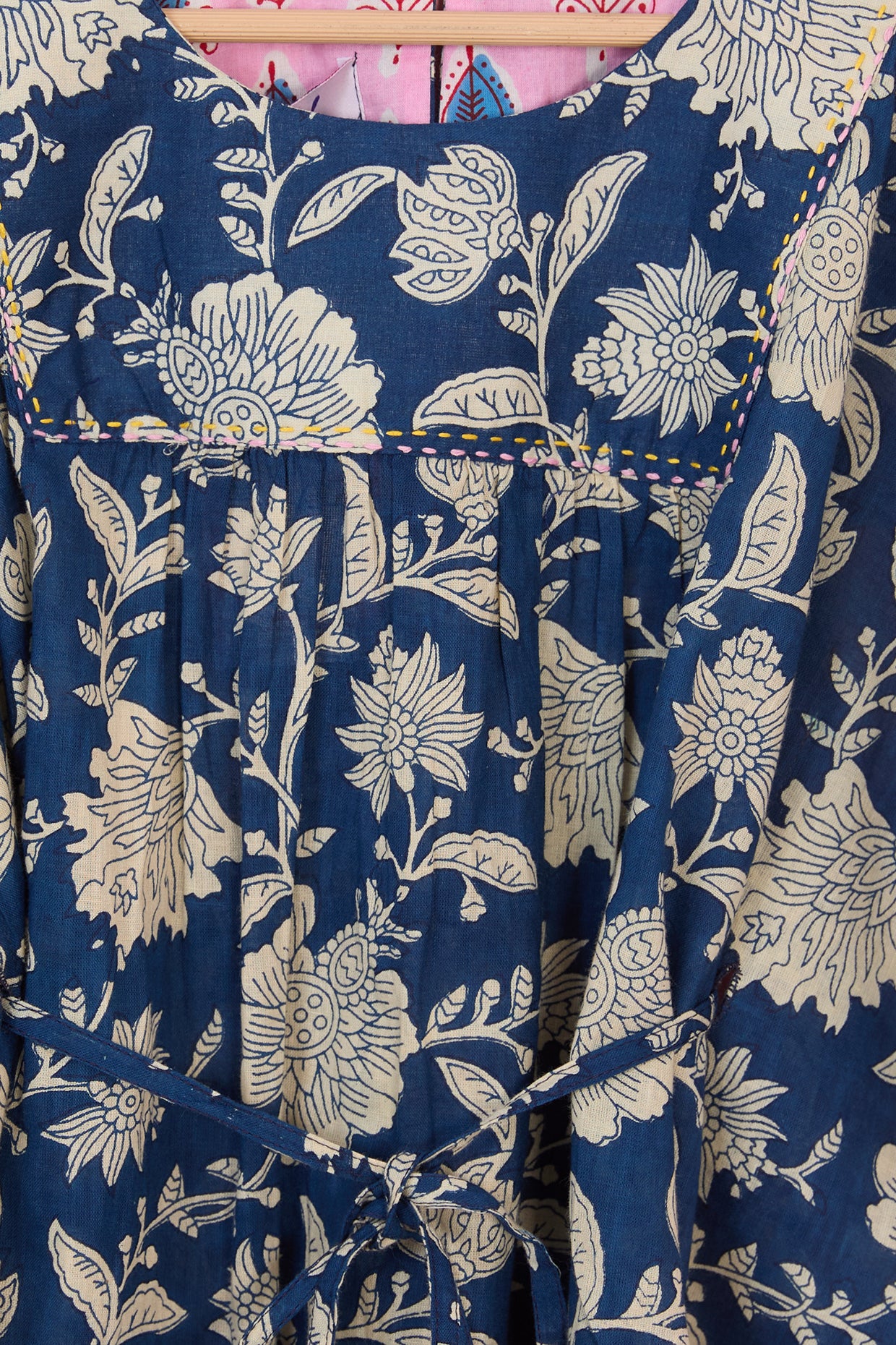 Cobalt Blue Pure Cotton Hand Block Printed Kaftan With Belt For Girls by Pankhuri by Priyanka - Kids at Pernia's Pop Up Shop