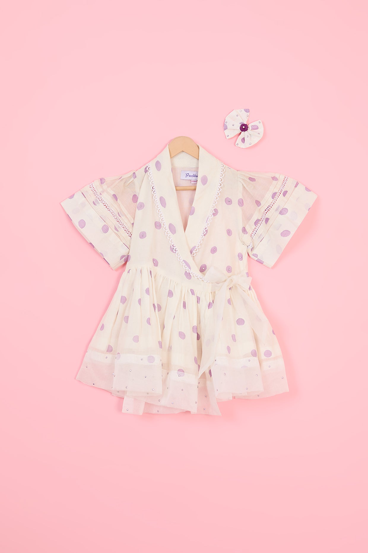 Off-White Chanderi Polka Dot Hand Block Printed Dress For Girls by Pankhuri by Priyanka - Kids at Pernia's Pop Up Shop