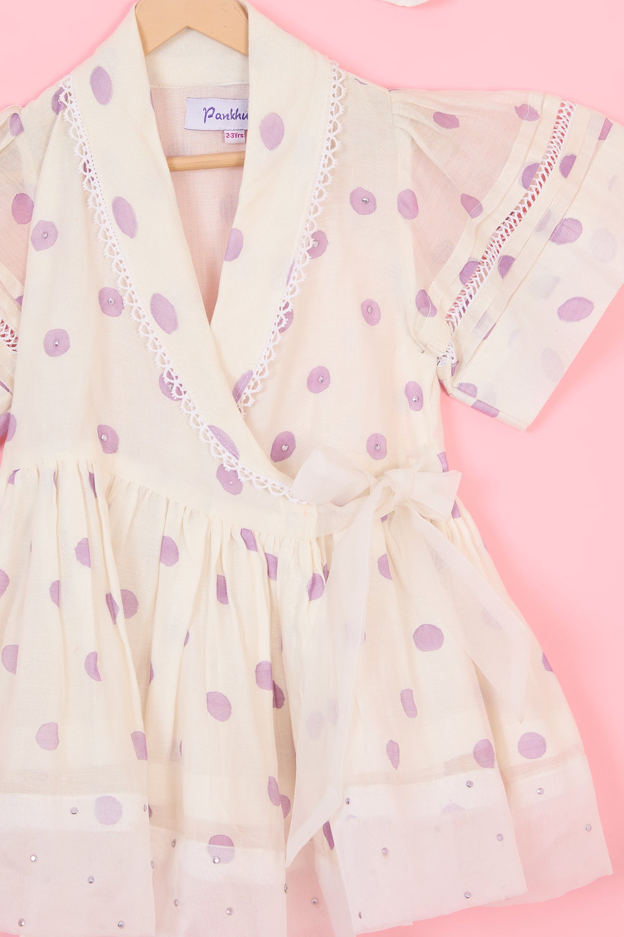 Off-White Chanderi Polka Dot Hand Block Printed Dress For Girls by Pankhuri by Priyanka - Kids at Pernia's Pop Up Shop