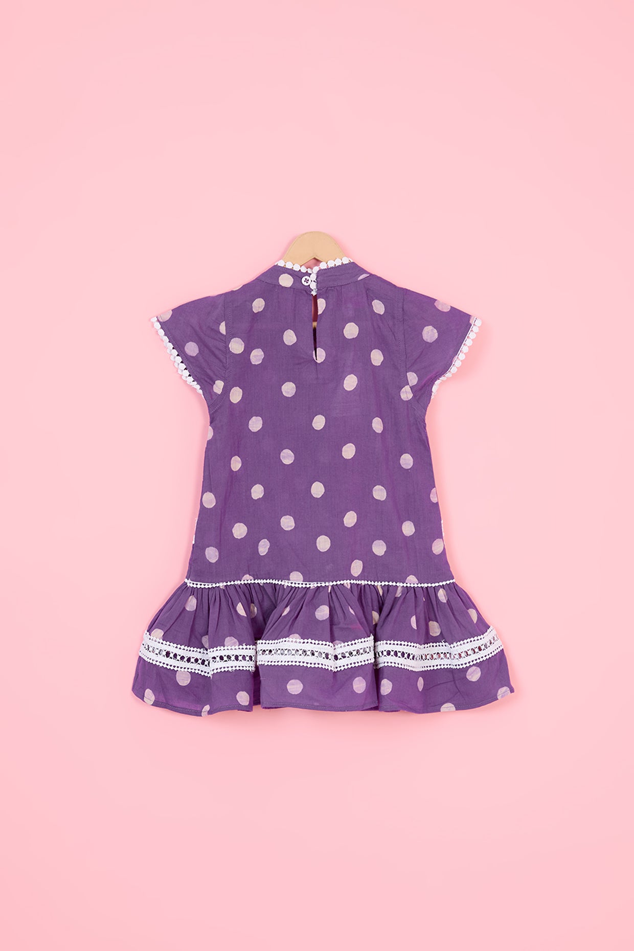 Mauve Mulmul Polka Dot Hand Block Printed Gathered Dress For Girls by Pankhuri by Priyanka - Kids at Pernia's Pop Up Shop