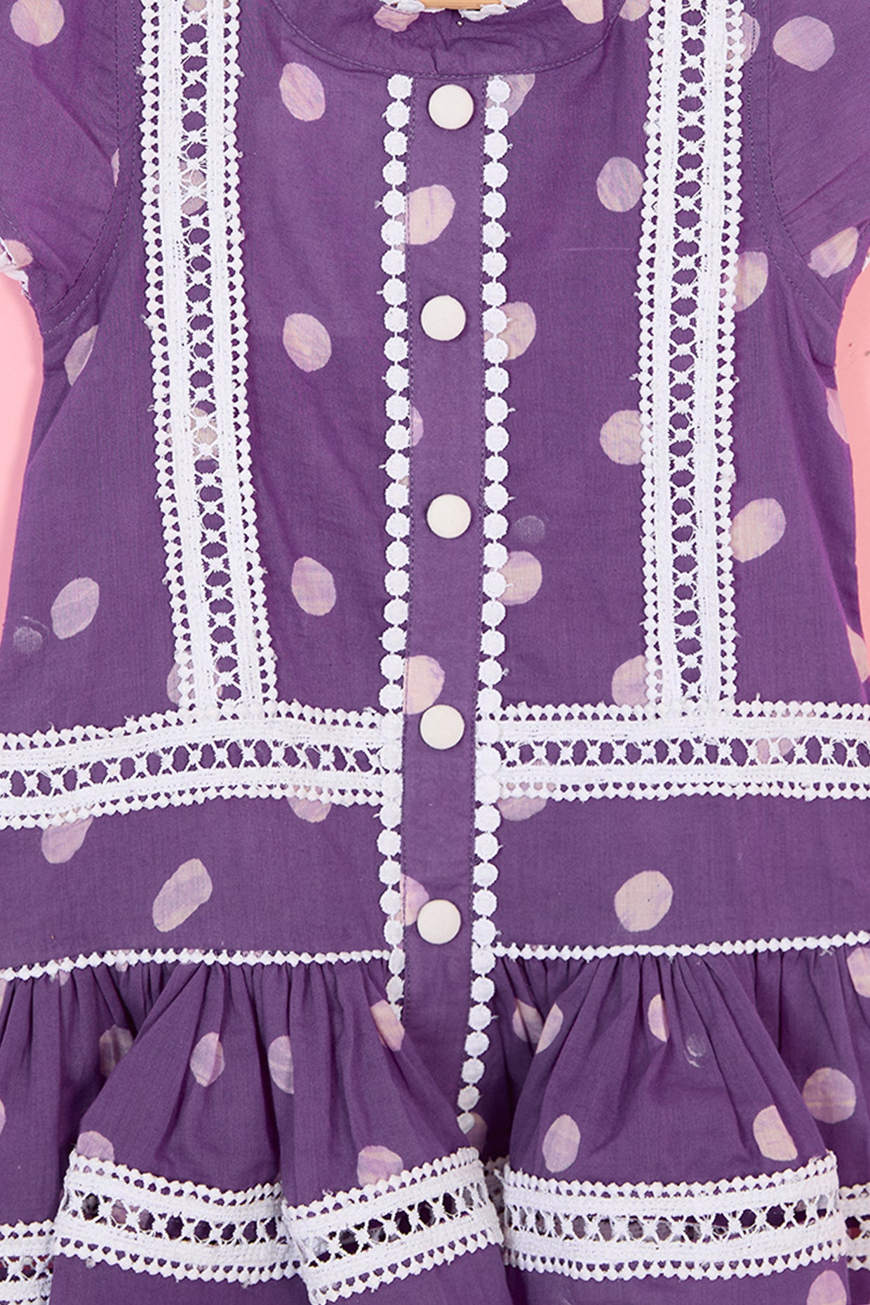 Mauve Mulmul Polka Dot Hand Block Printed Gathered Dress For Girls by Pankhuri by Priyanka - Kids at Pernia's Pop Up Shop