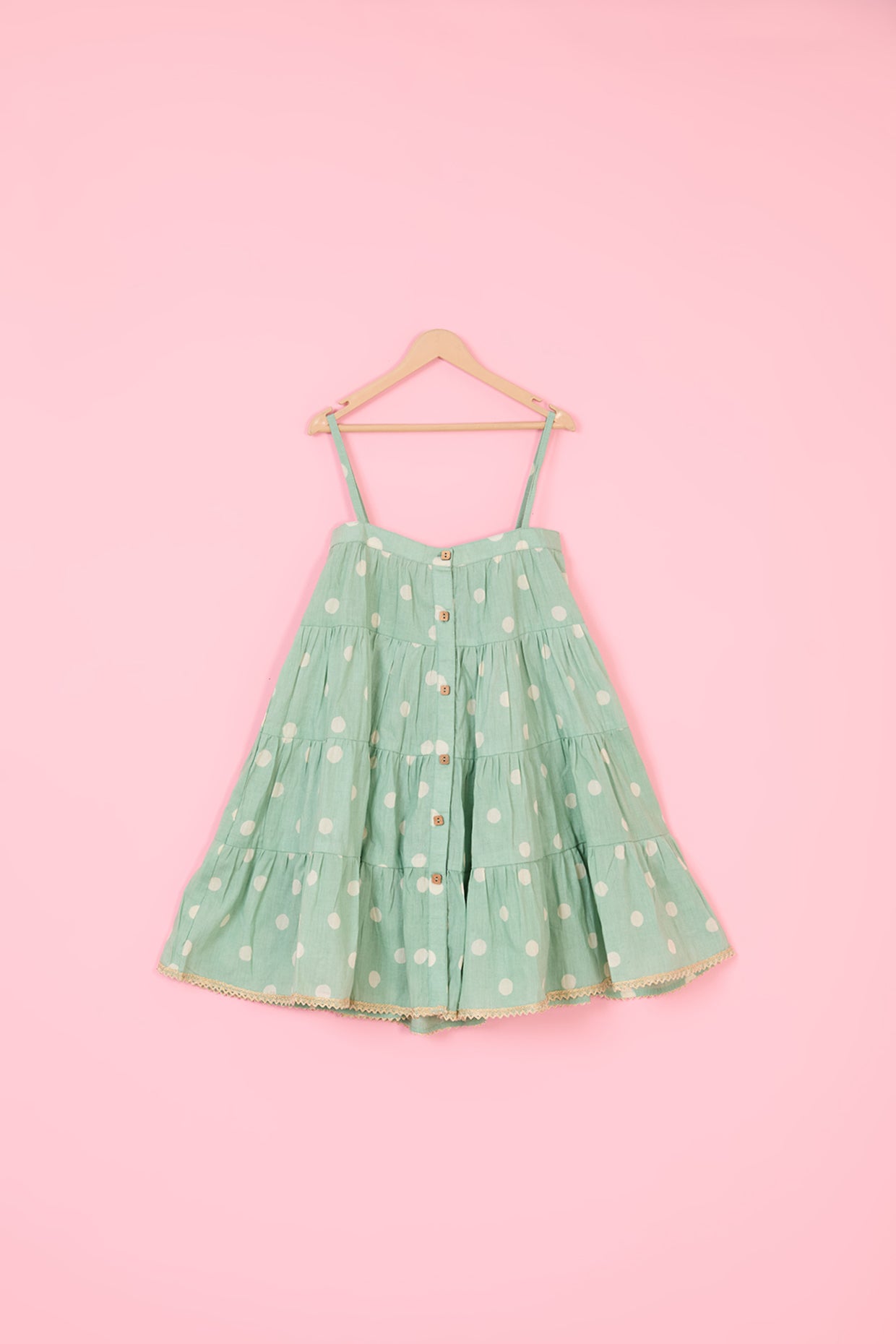 Green Mulmul Hand Block Polka Dot Printed Flared Dress For Girls by Pankhuri by Priyanka - Kids at Pernia's Pop Up Shop