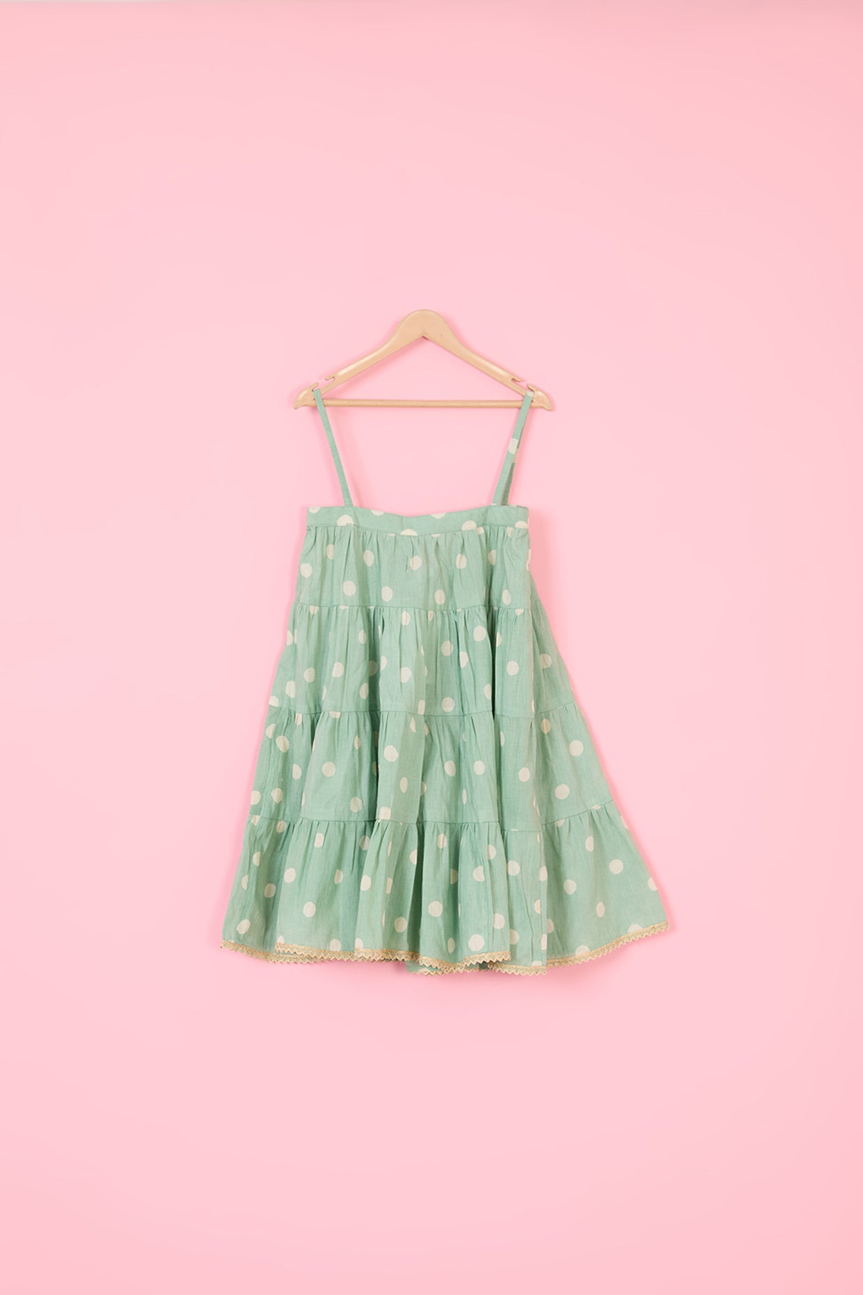 Green Mulmul Hand Block Polka Dot Printed Flared Dress For Girls by Pankhuri by Priyanka - Kids at Pernia's Pop Up Shop