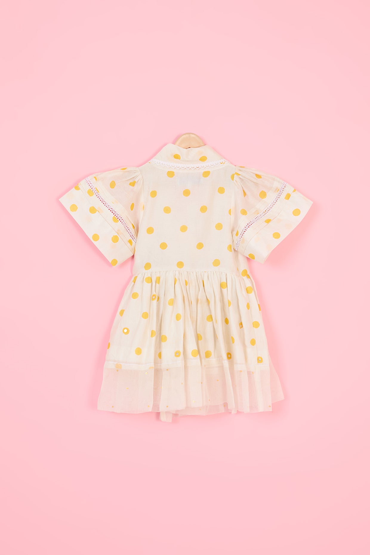 Off-White & Yellow Chanderi Polka Dot Hand Block Printed Dress For Girls by Pankhuri by Priyanka - Kids at Pernia's Pop Up Shop