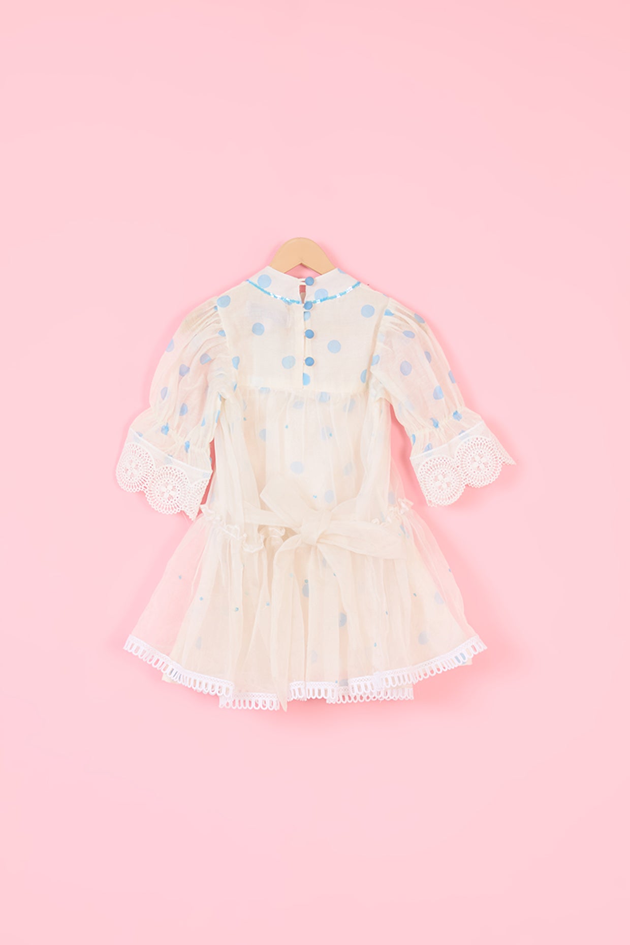 Powder Blue Mul Chanderi Hand Block Polka Dot Printed Layered Dress For Girls by Pankhuri by Priyanka - Kids at Pernia's Pop Up Shop