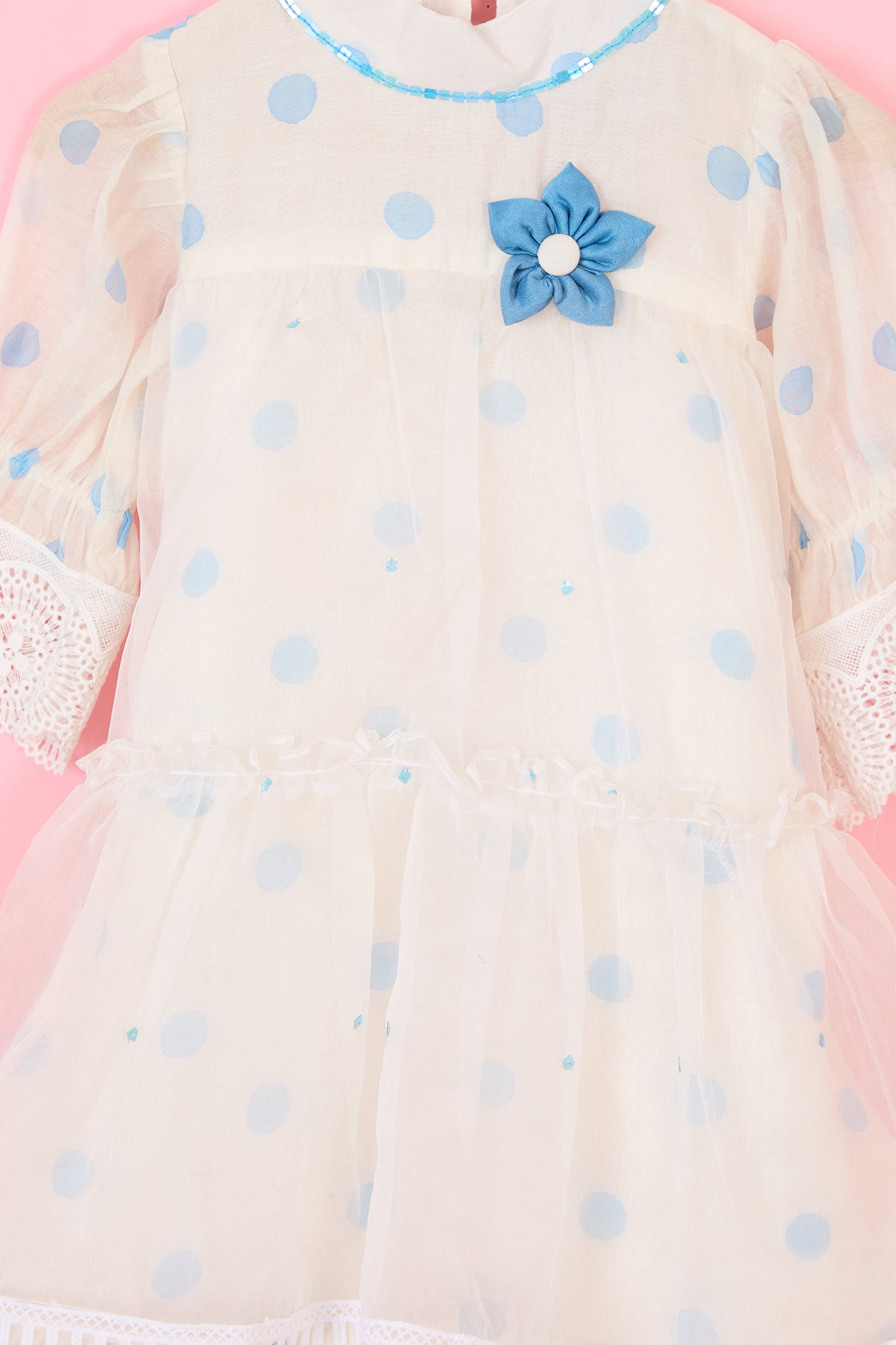 Powder Blue Mul Chanderi Hand Block Polka Dot Printed Layered Dress For Girls by Pankhuri by Priyanka - Kids at Pernia's Pop Up Shop