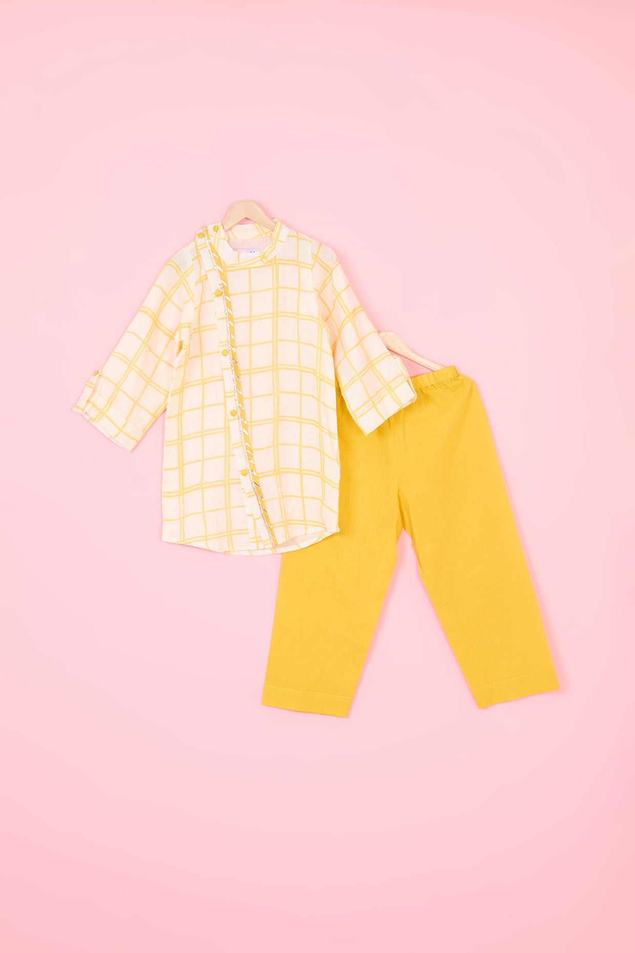 Yellow Pure Chanderi Hand Block Printed Kurta Set For Boys by Pankhuri by Priyanka - Kids at Pernia's Pop Up Shop