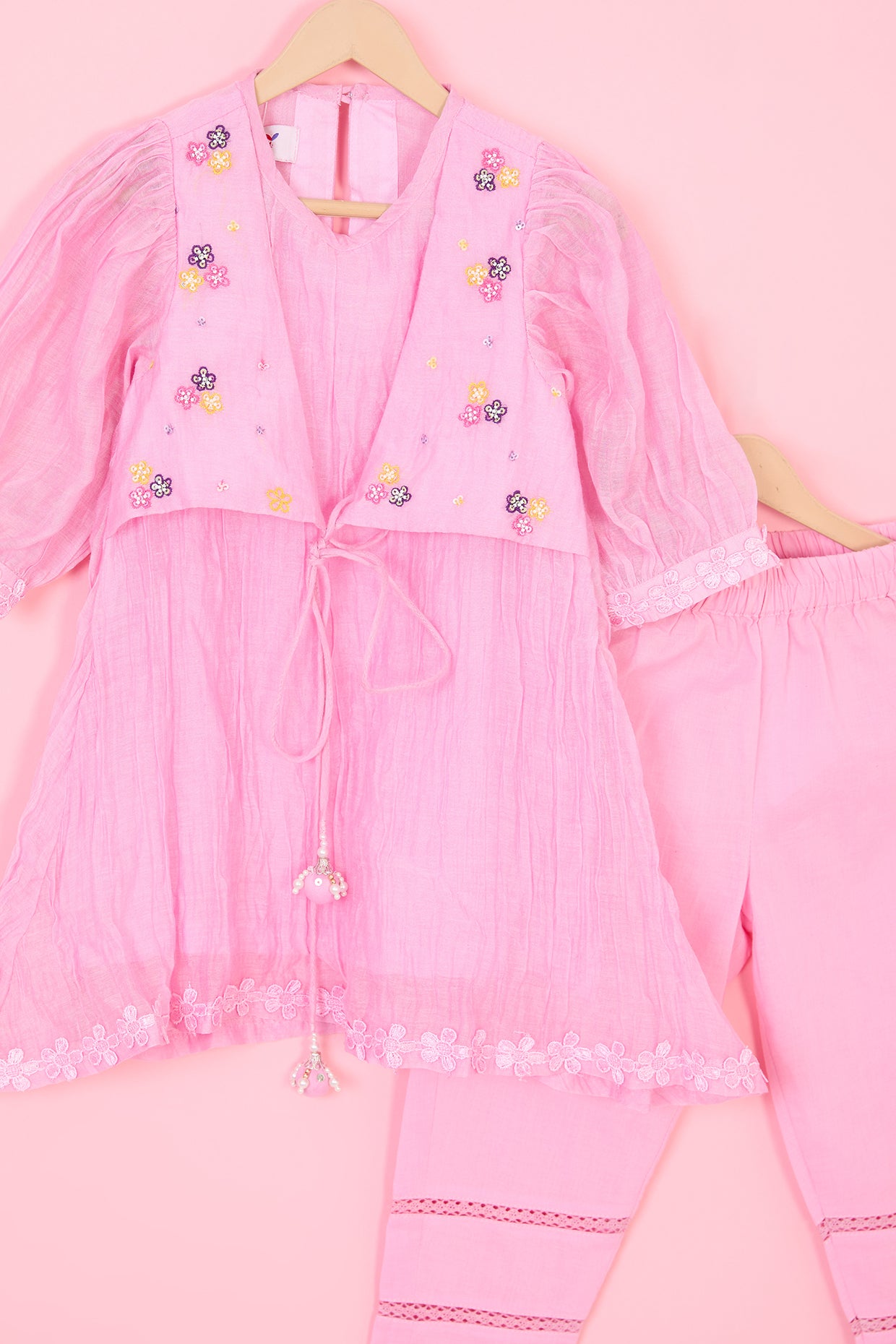 Pink Pure Chanderi Lace Hand Embroidered Kurta Set For Girls by Pankhuri by Priyanka - Kids at Pernia's Pop Up Shop