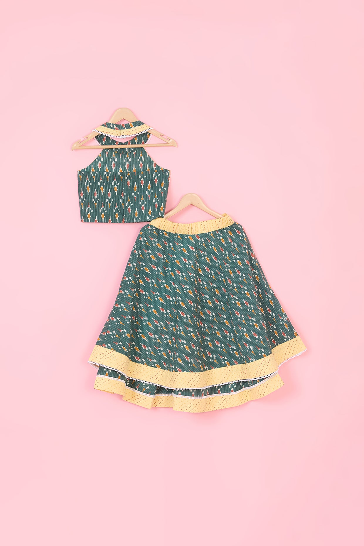 Green Cotton Printed Layered Lehenga Set For Girls by Pankhuri by Priyanka - Kids at Pernia's Pop Up Shop