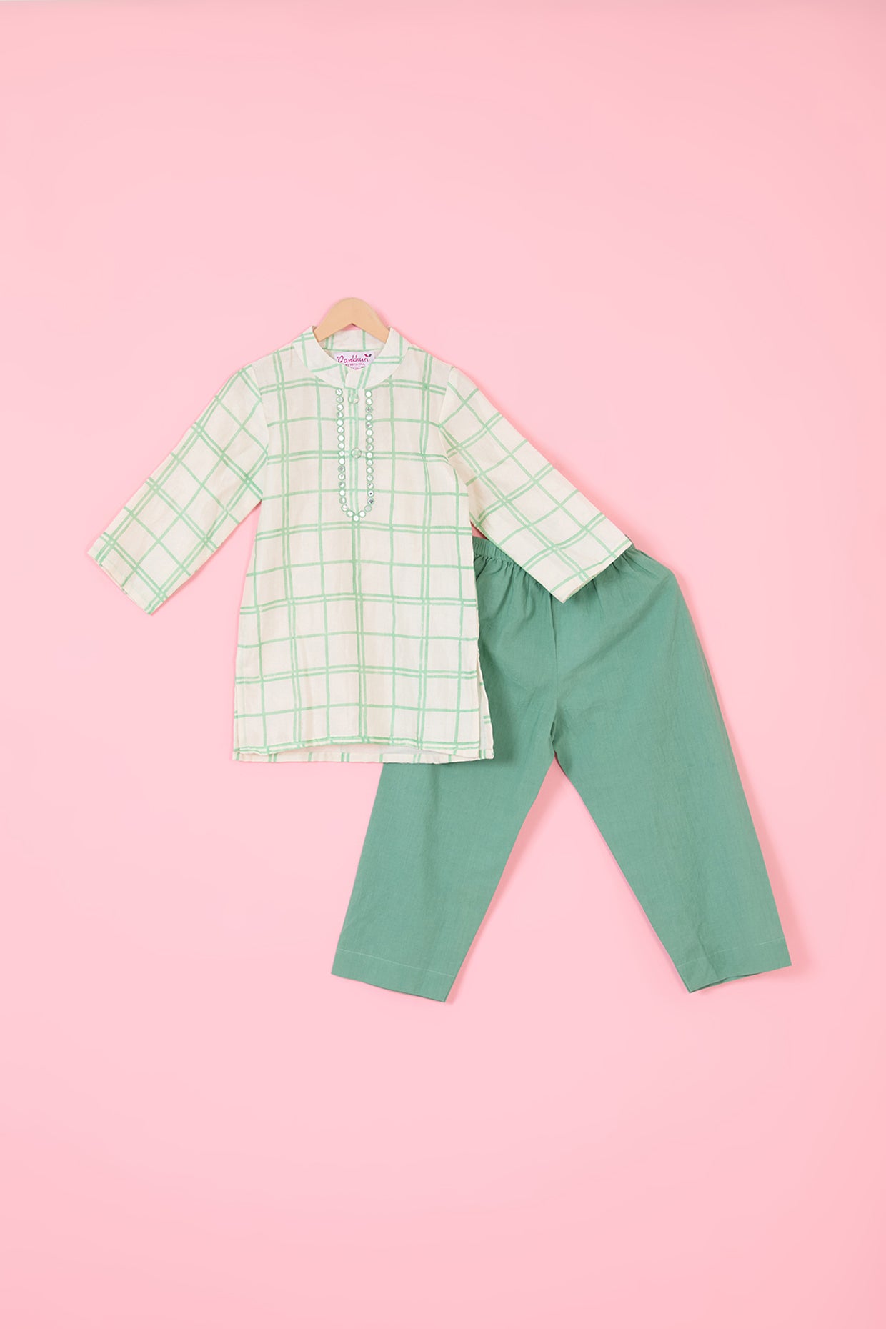 Green Pure Chanderi Hand Block Printed Kurta Set For Boys by Pankhuri by Priyanka - Kids at Pernia's Pop Up Shop