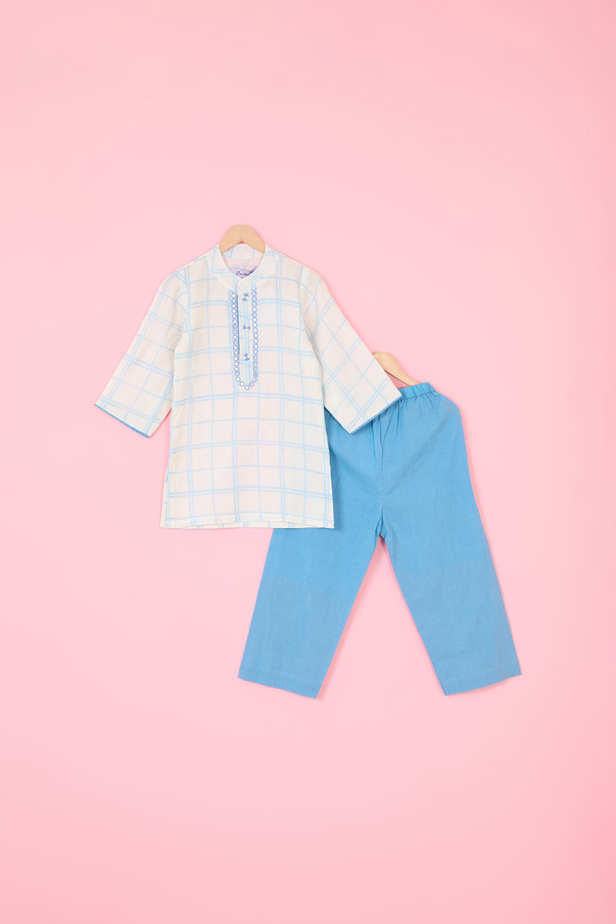 Powder Blue Pure Chanderi Hand Block Printed Kurta Set For Boys by Pankhuri by Priyanka - Kids at Pernia's Pop Up Shop