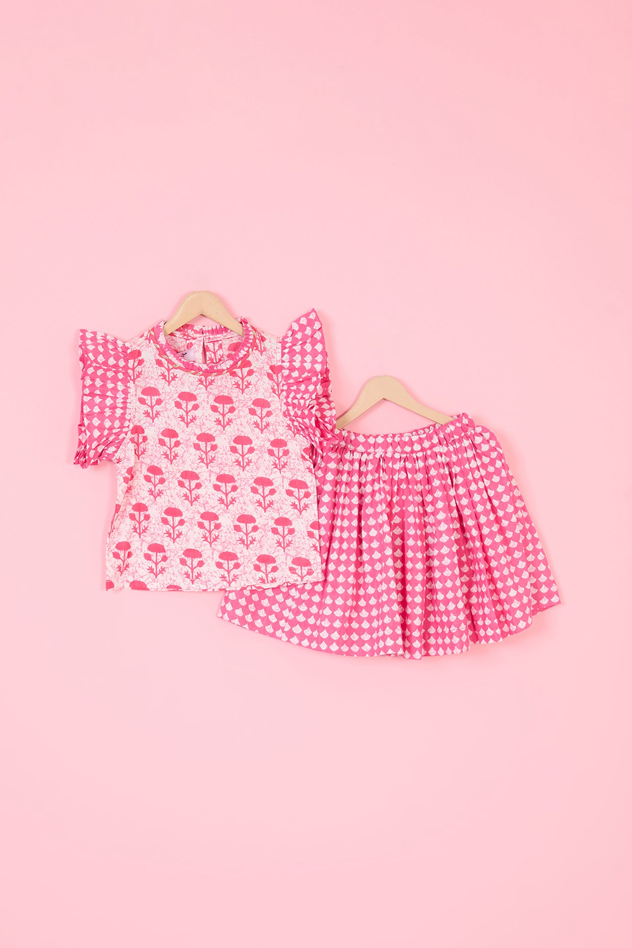 Pink Cotton Hand Block Printed Skirt Set For Girls by Pankhuri by Priyanka - Kids at Pernia's Pop Up Shop