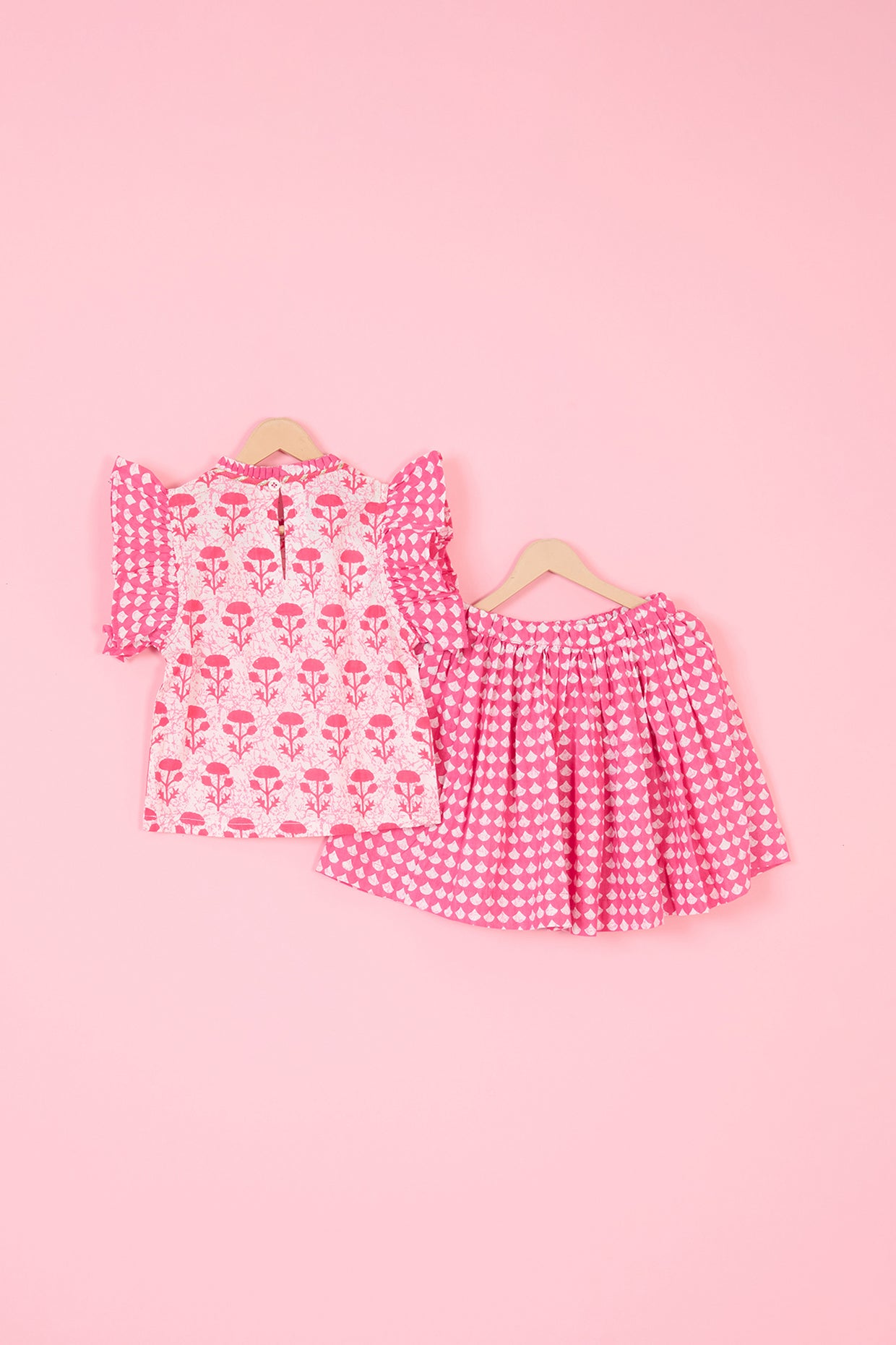 Pink Cotton Hand Block Printed Skirt Set For Girls by Pankhuri by Priyanka - Kids at Pernia's Pop Up Shop