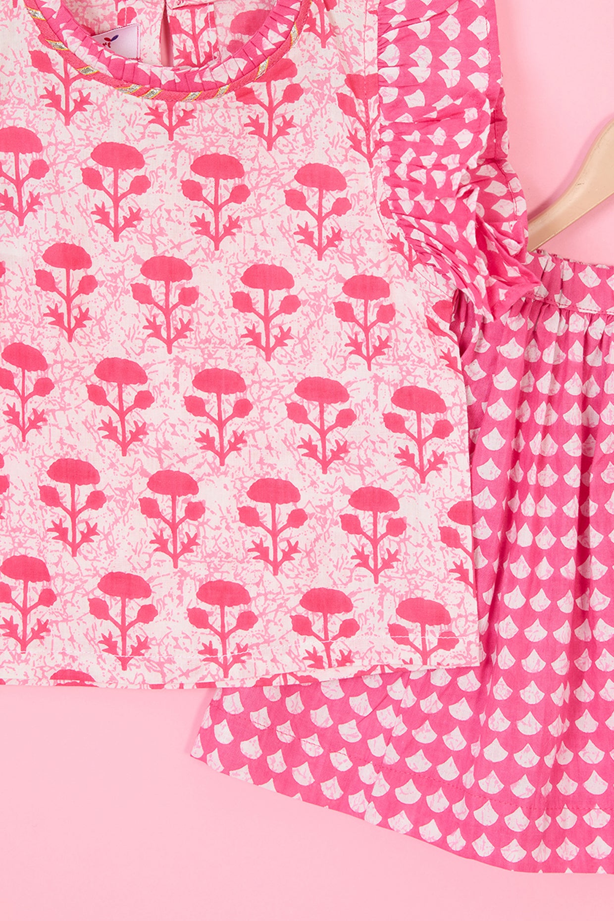 Pink Cotton Hand Block Printed Skirt Set For Girls by Pankhuri by Priyanka - Kids at Pernia's Pop Up Shop