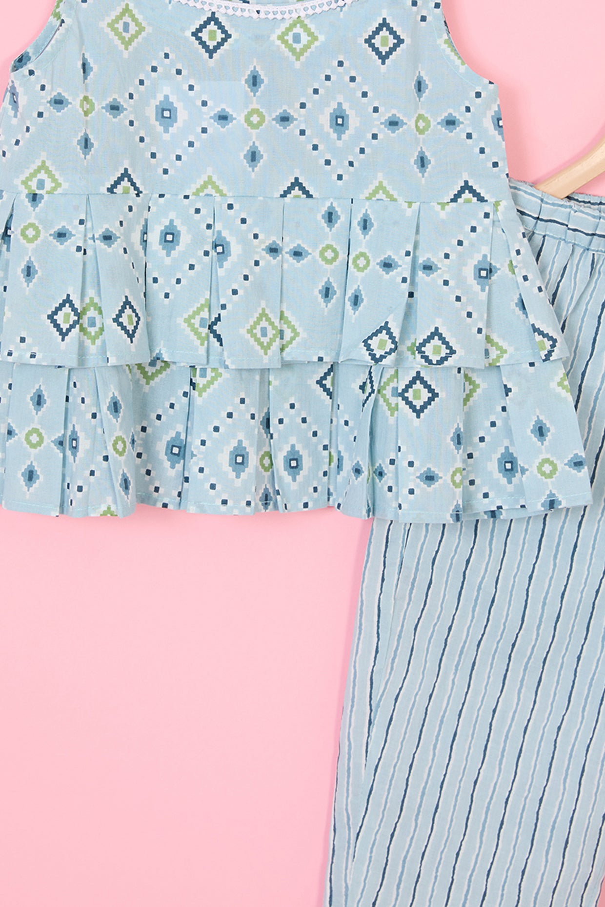 Powder Blue Cotton Printed Co-Ord Set For Girls by Pankhuri by Priyanka - Kids at Pernia's Pop Up Shop