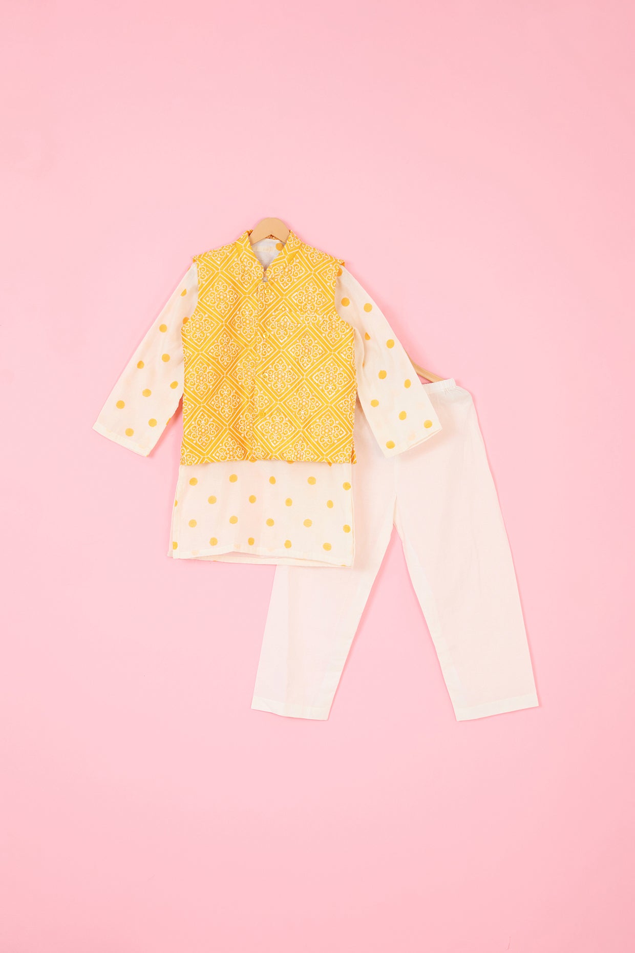 Yellow Pure Chanderi Hand Block Printed Nehru Jacket Set For Boys by Pankhuri by Priyanka - Kids at Pernia's Pop Up Shop