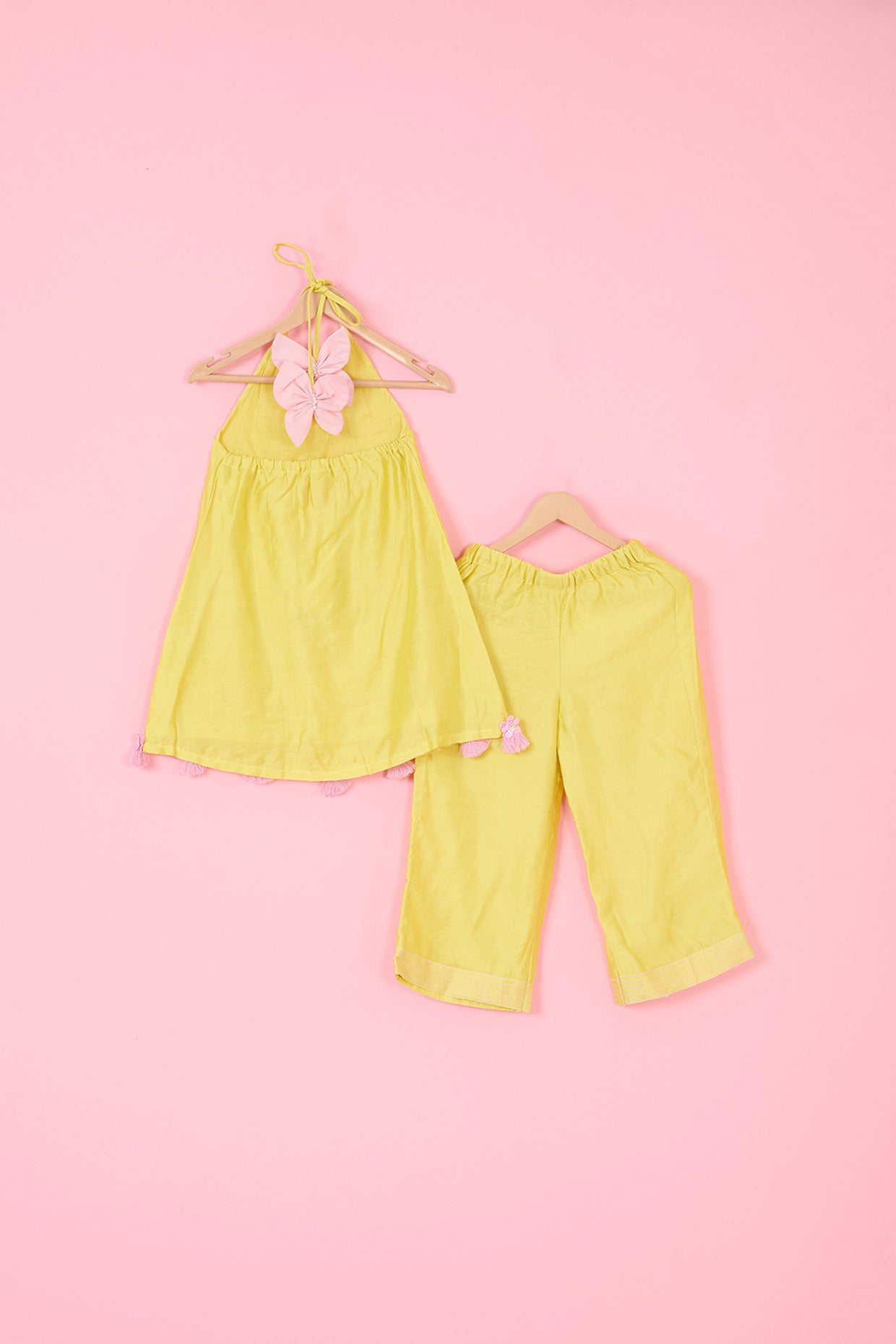 Yellow Pure Chanderi Halter Kurta Set For Girls by Pankhuri by Priyanka - Kids at Pernia's Pop Up Shop