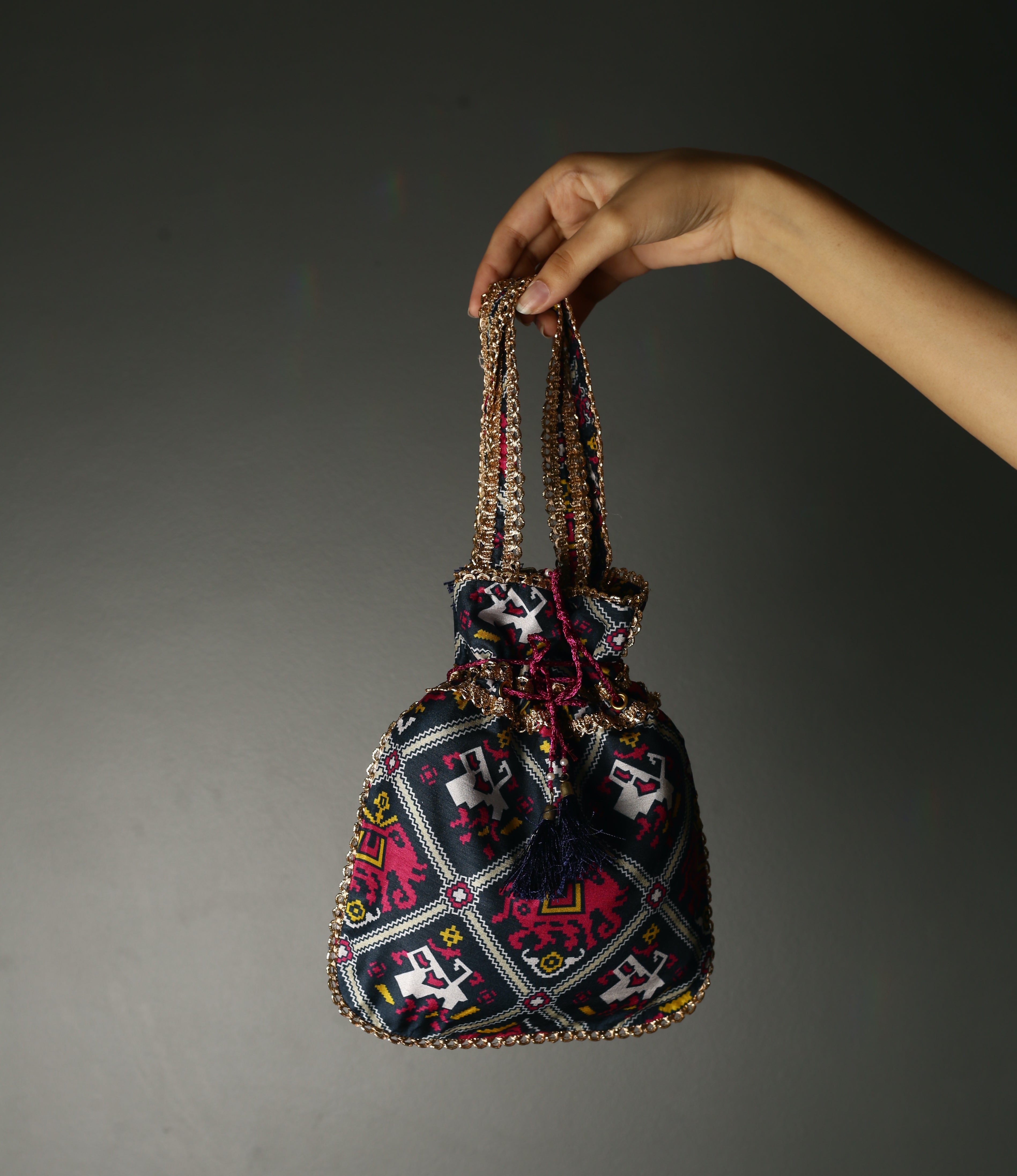 Women's Midnight Blue Patola Print Potli Bag