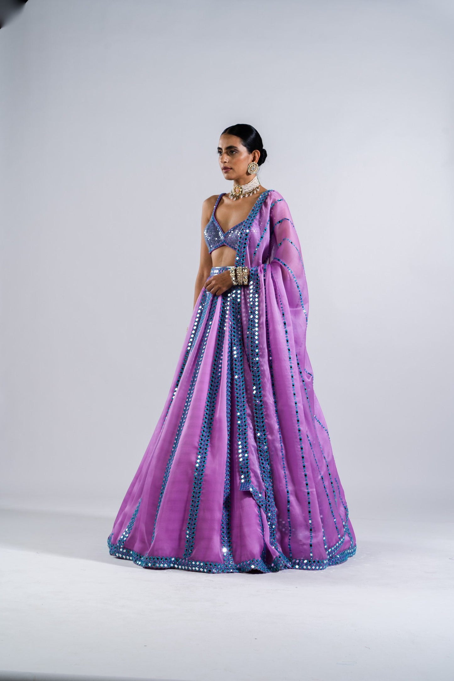 Mauve Mirror Seam Lehenga Set With Metallic Blouse