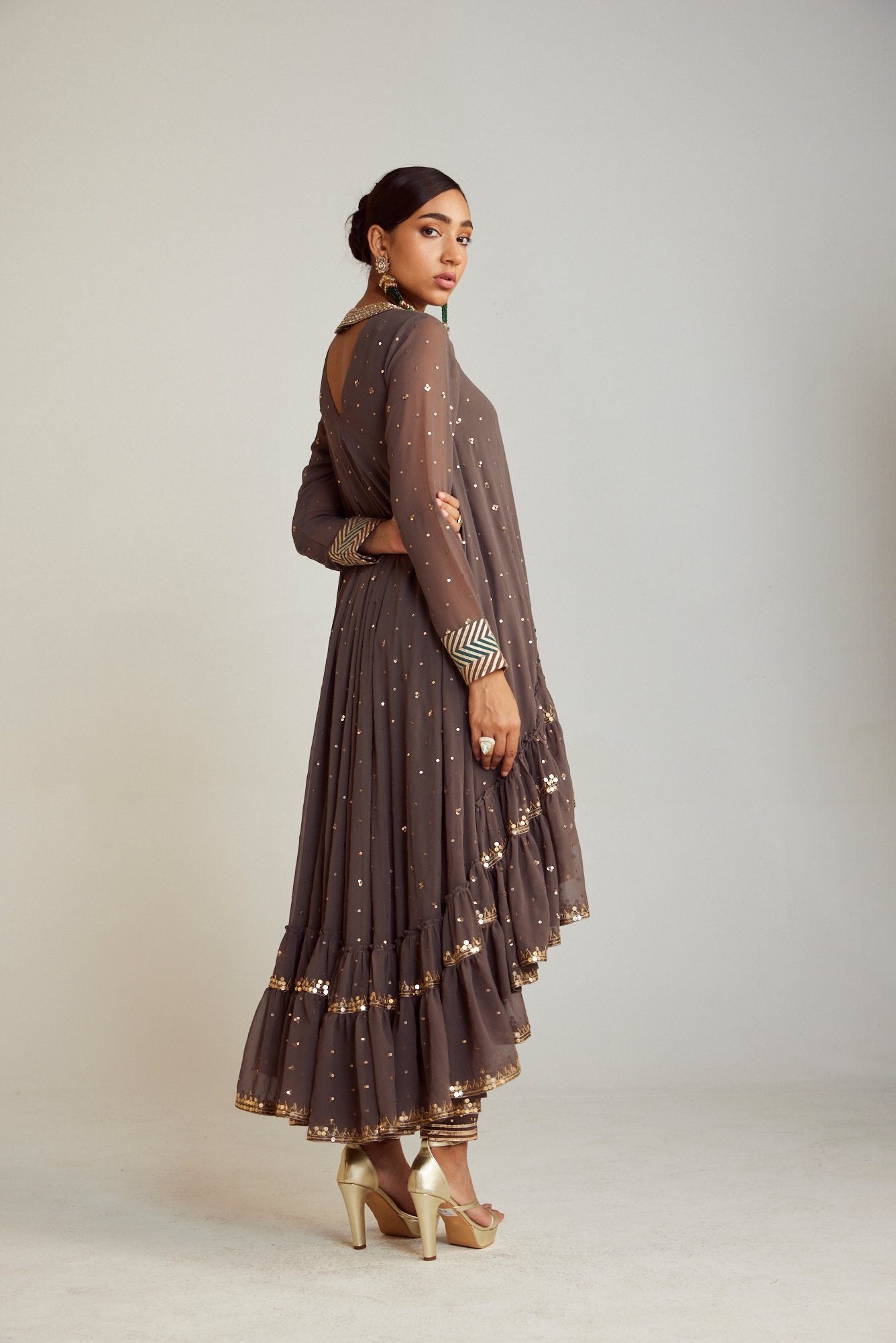 Charcoal Grey Round Neck Asymmetrical Kurta Pant Set