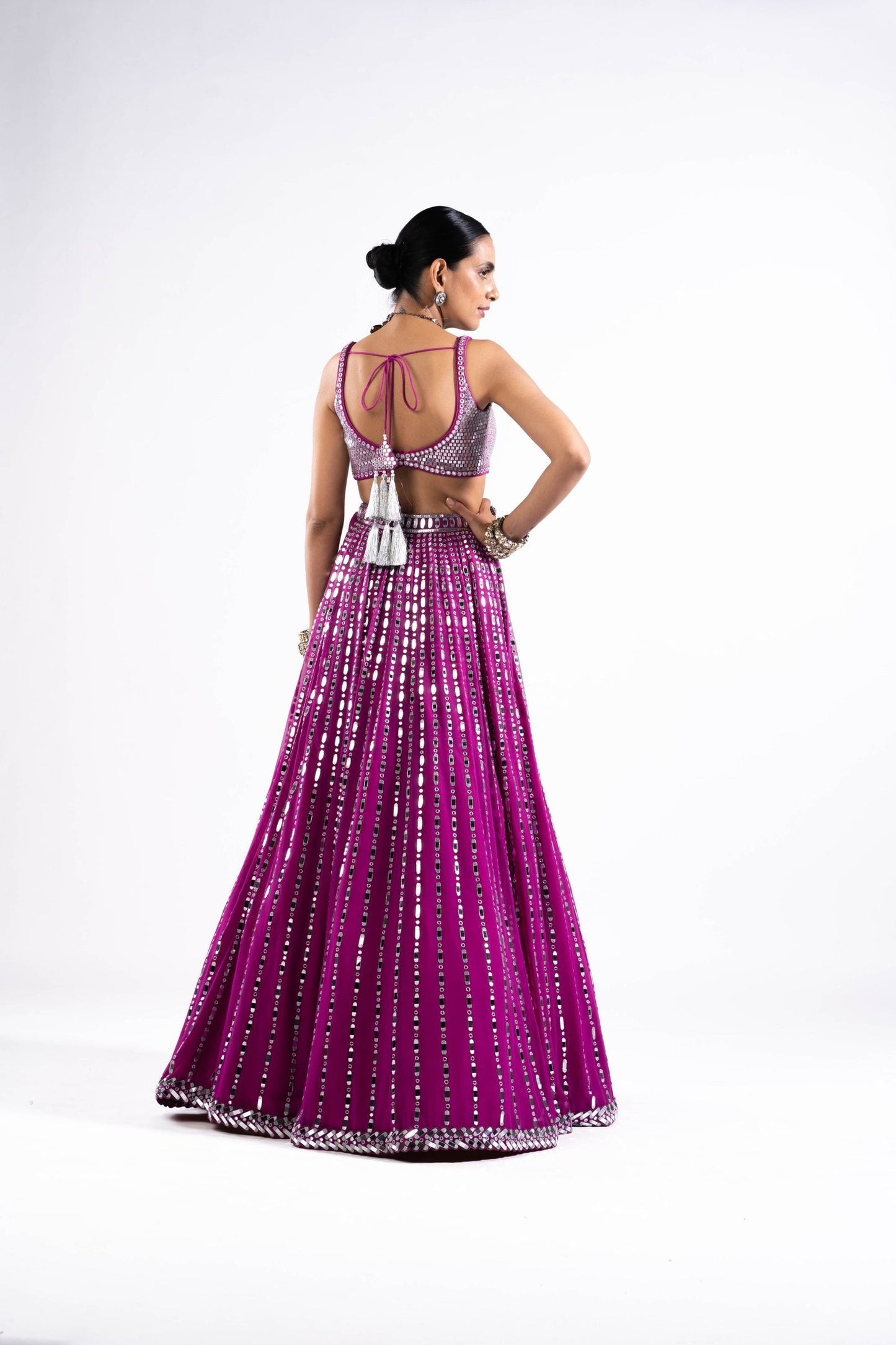 Pop Wine Linear Drop Lehenga With Metallic Blouse