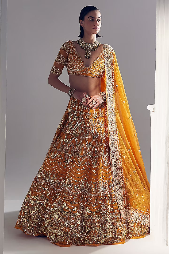 Sunset orange net pearl & sequins embroidered lehenga set
