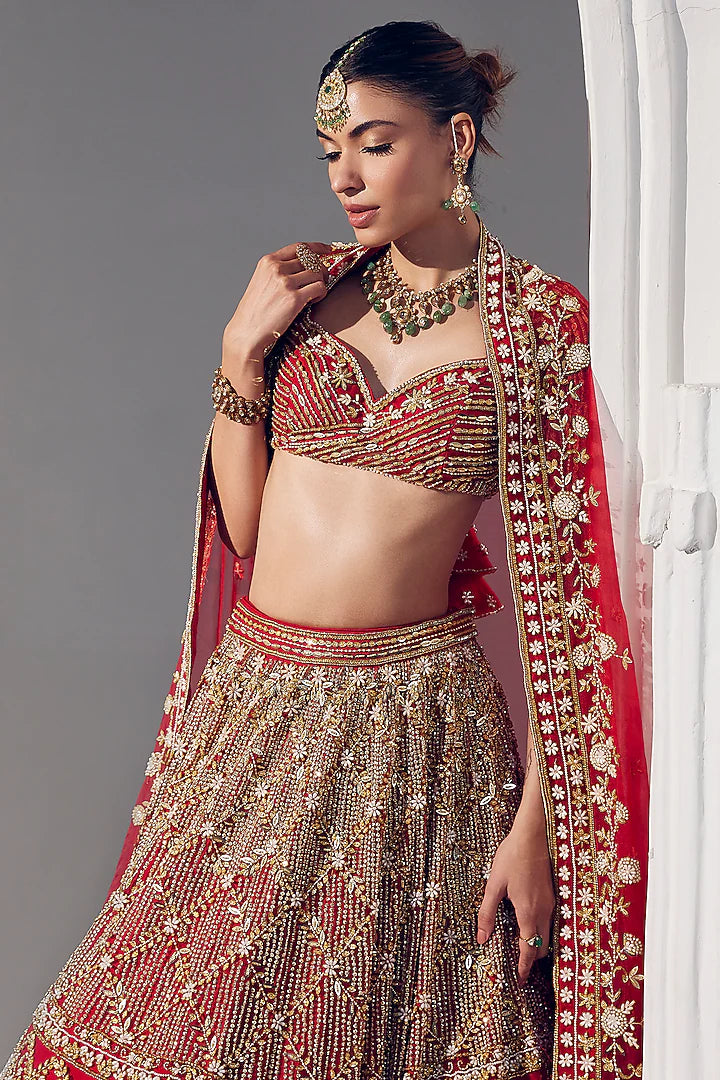 Red net pearl & sequins embroidered lehenga set