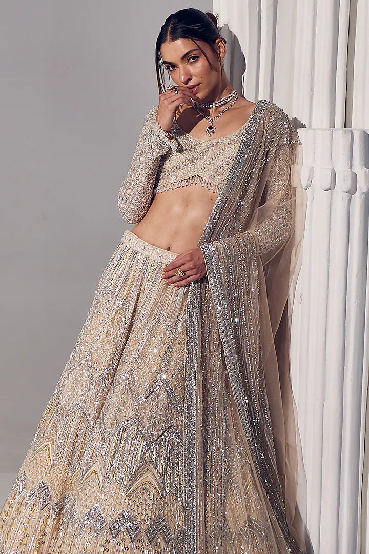Ivory net & silk embroidered lehenga set