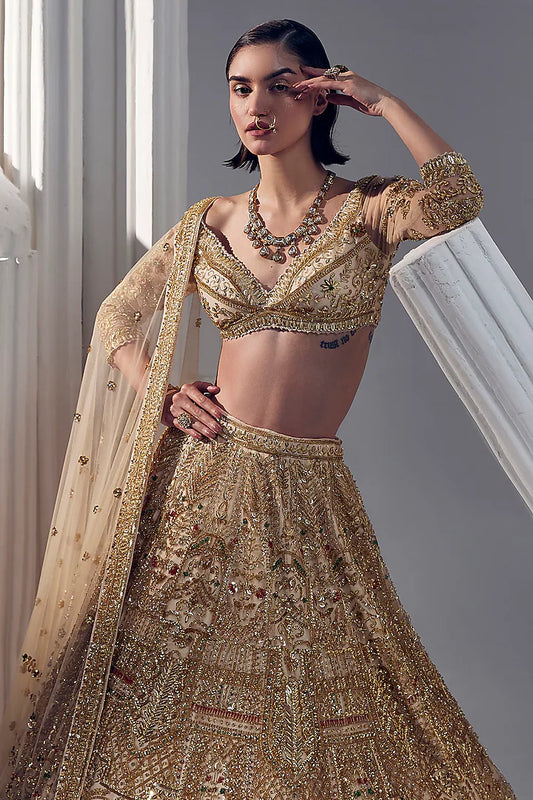 Light gold net & silk embroidered lehenga set