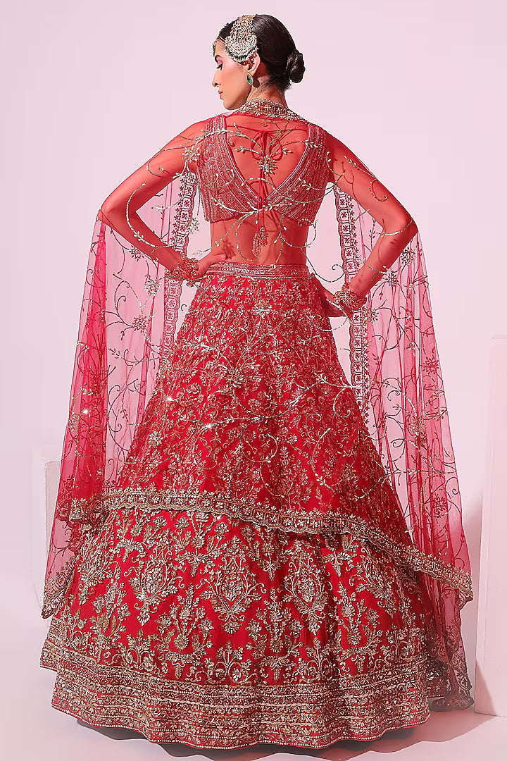 Hot Pink Net Pearl & Sequins Embroidered Lehenga Set