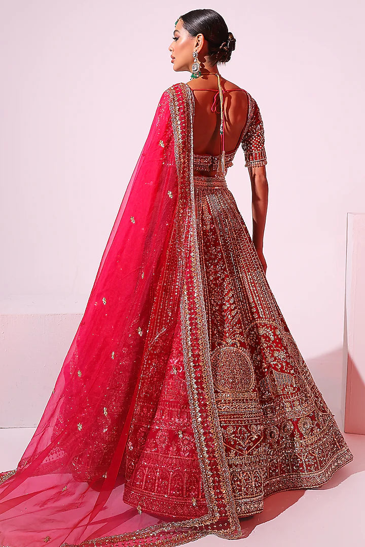 Rani Pink Velvet Crystal & Sequins Embroidered Lehenga set