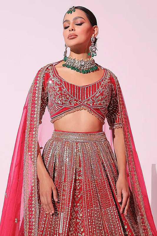 Rani Pink Velvet Crystal & Sequins Embroidered Lehenga set